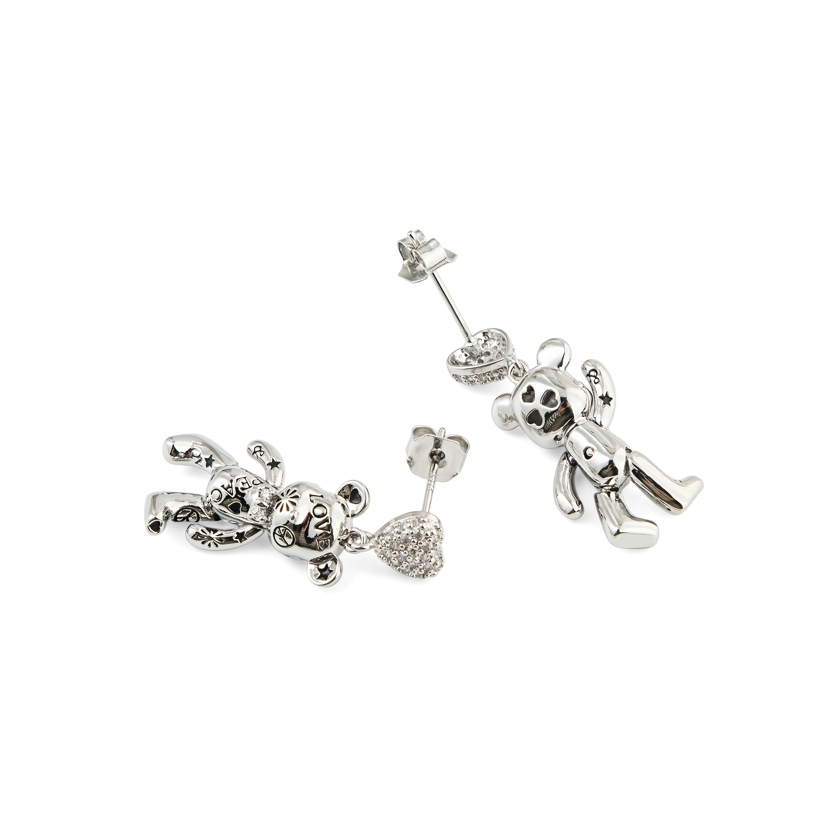 Silver teddy bear earrings with a heart