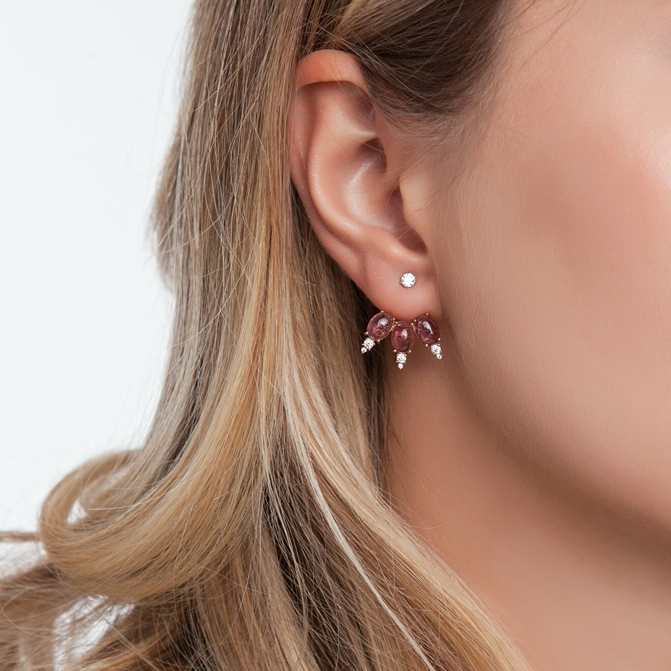 Gold-plated jacket earrings with pink tourmalines