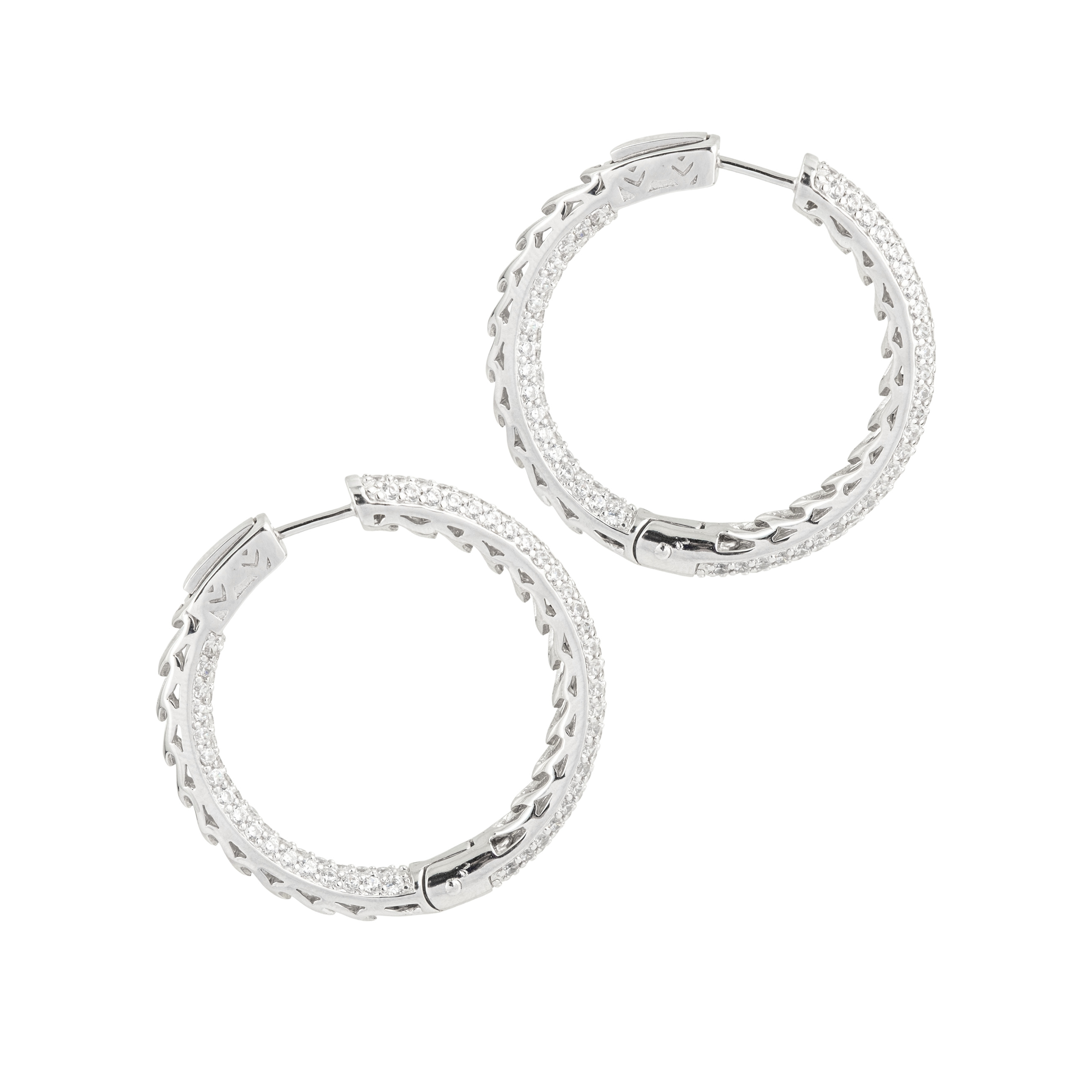 Large silver hoop earrings with white crystals