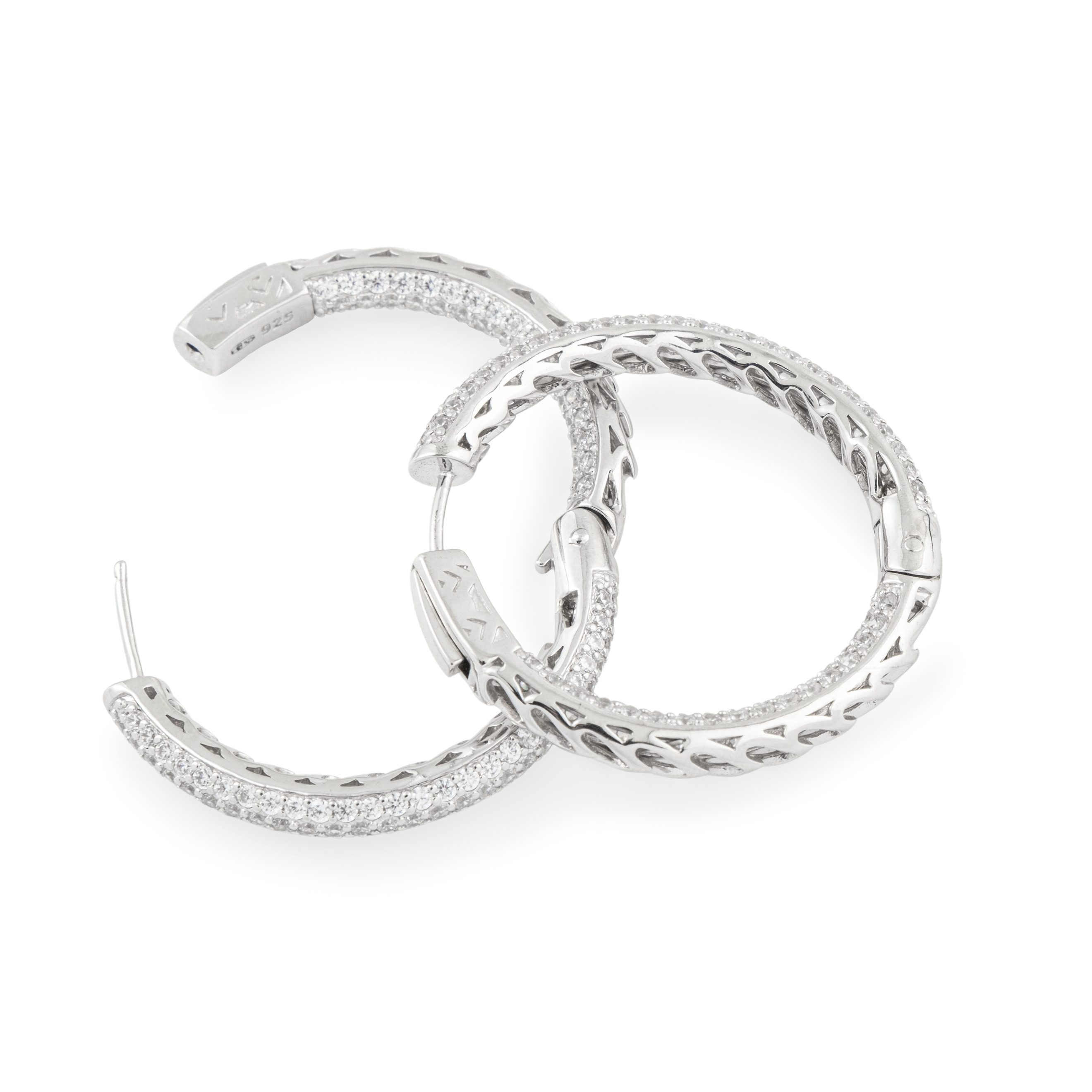 Large silver hoop earrings with white crystals