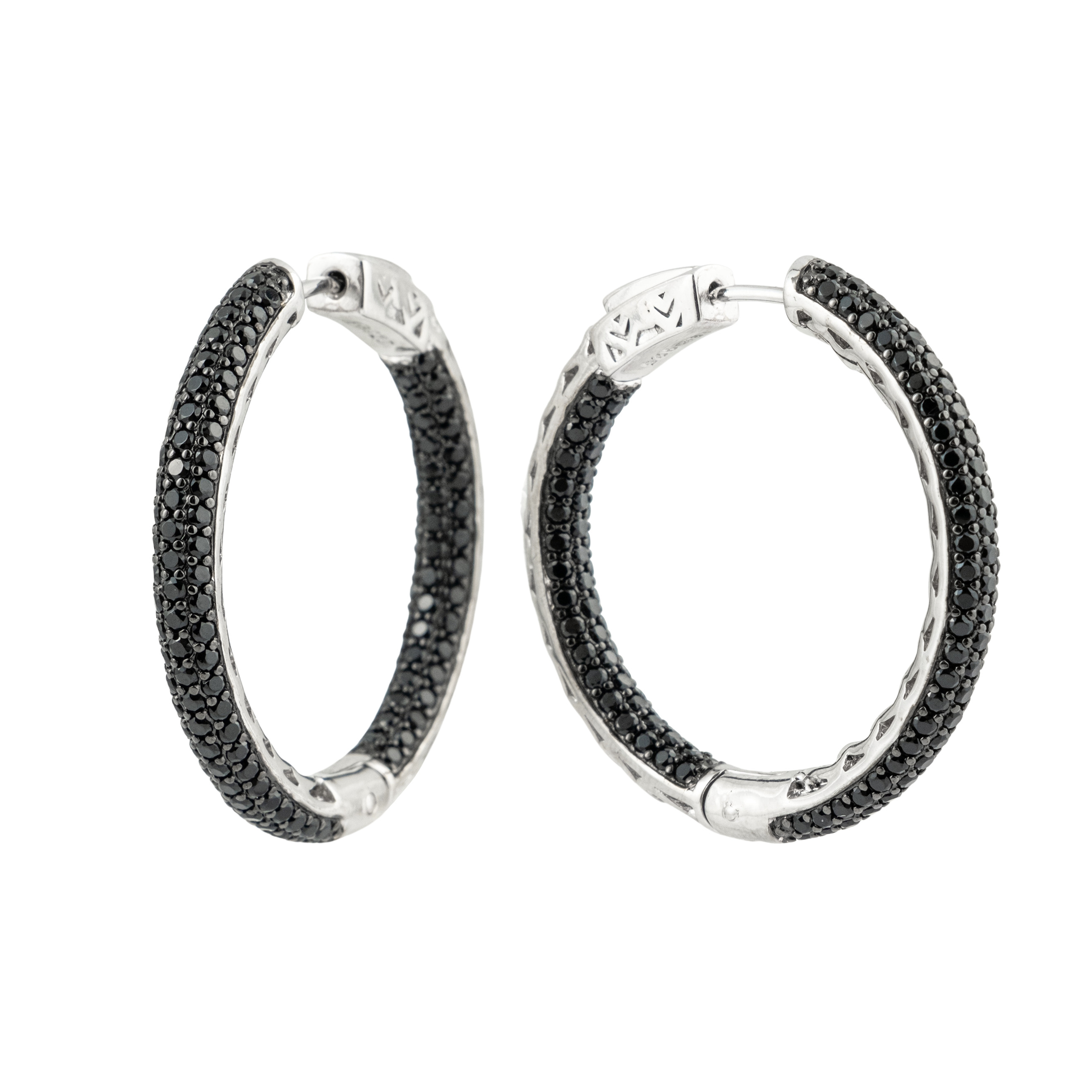Large silver hoop earrings with black crystals