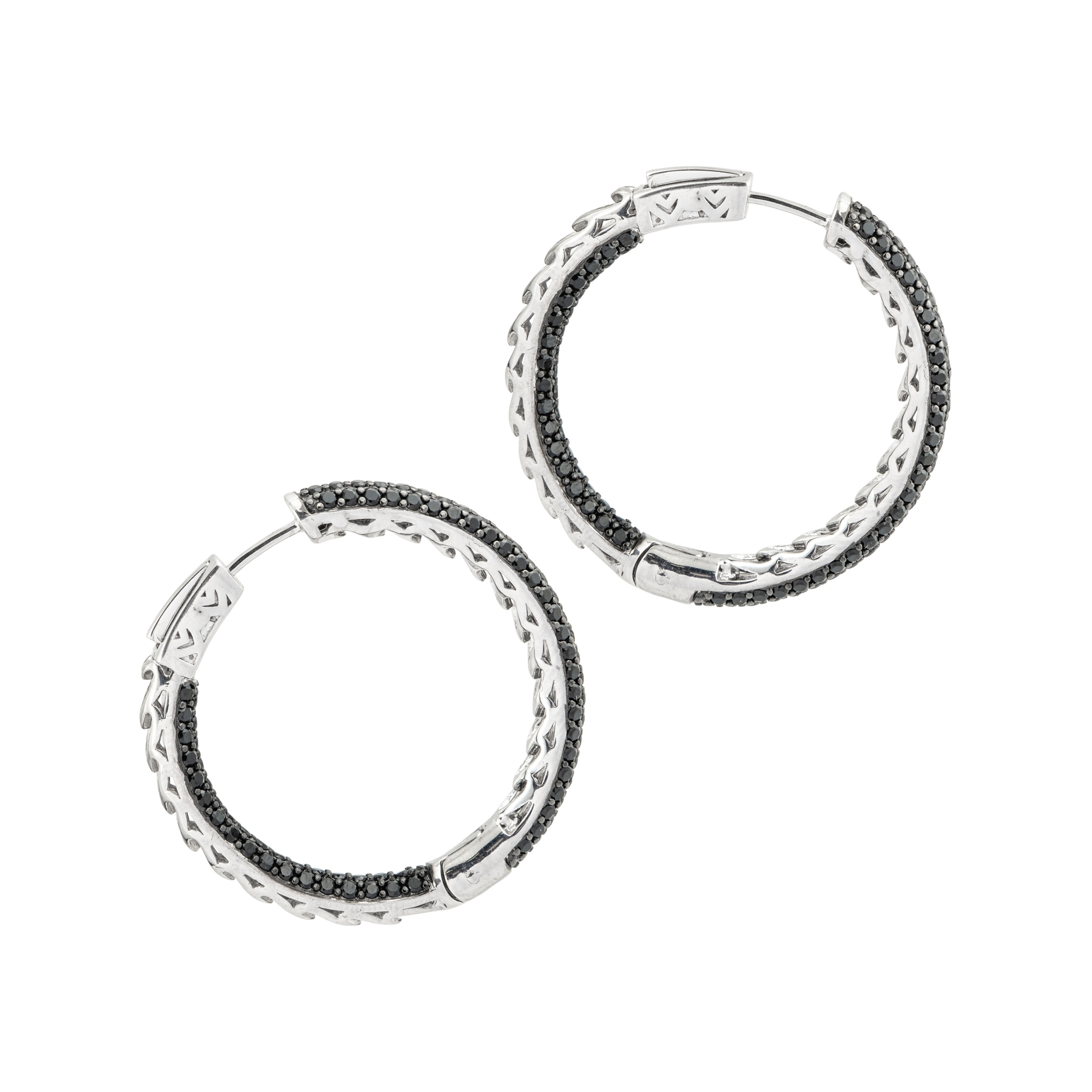 Large silver hoop earrings with black crystals