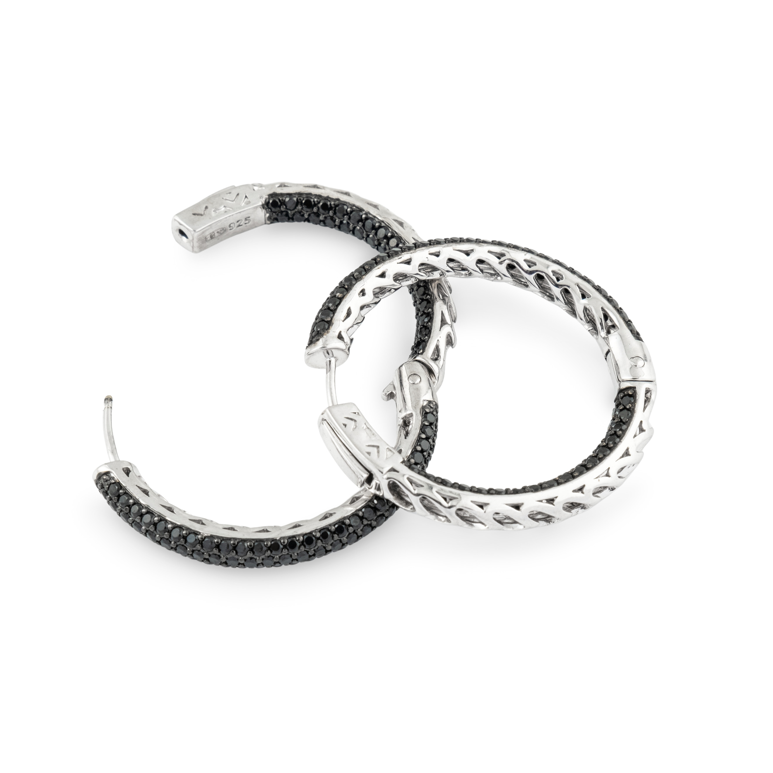 Large silver hoop earrings with black crystals