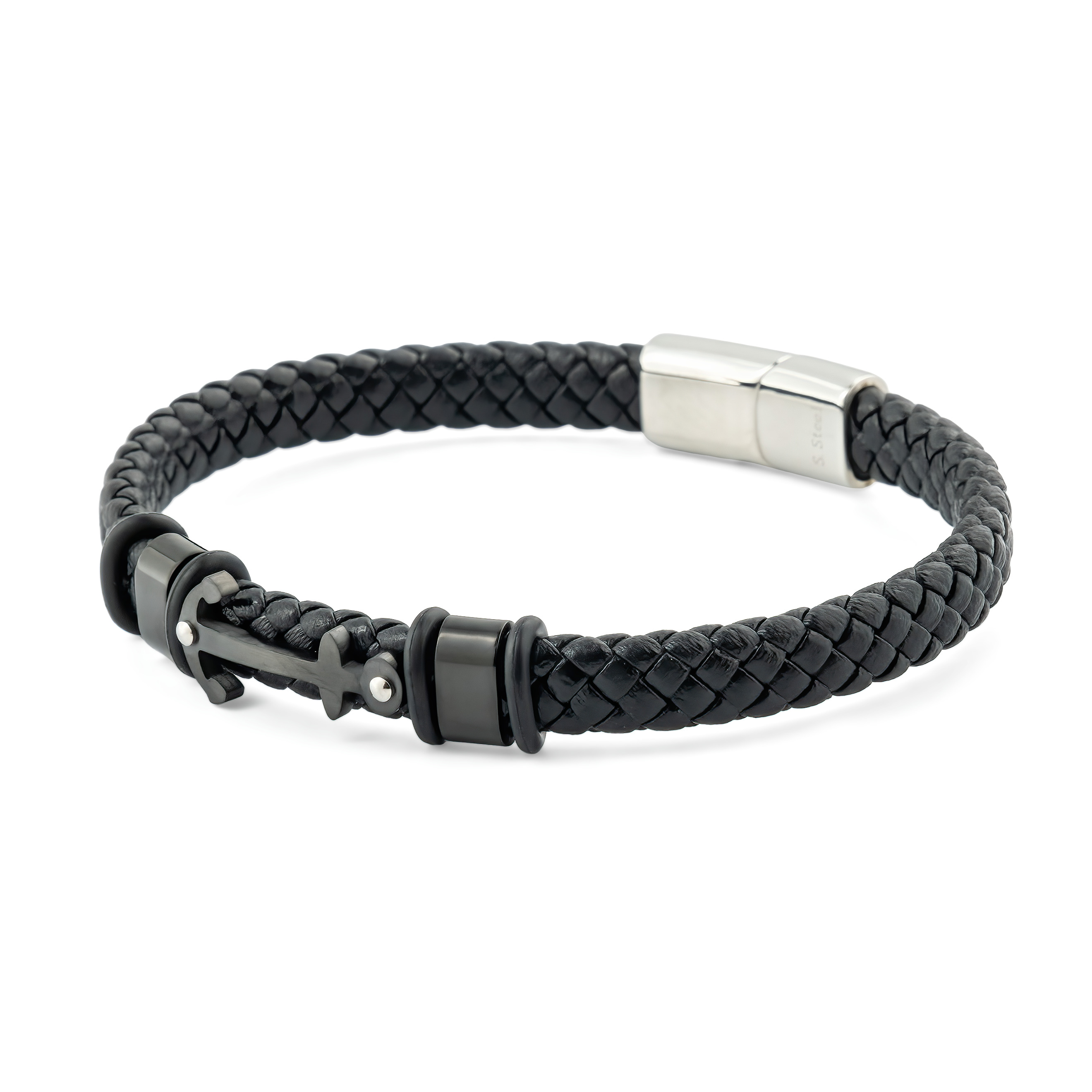 Black leather bracelet with anchor