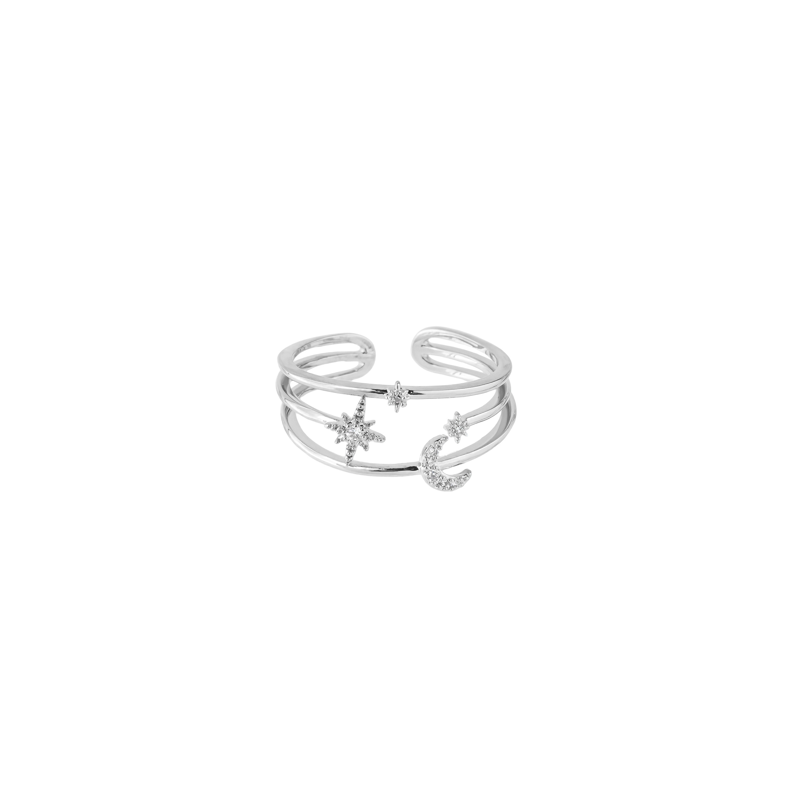 Silver ring with moon and star