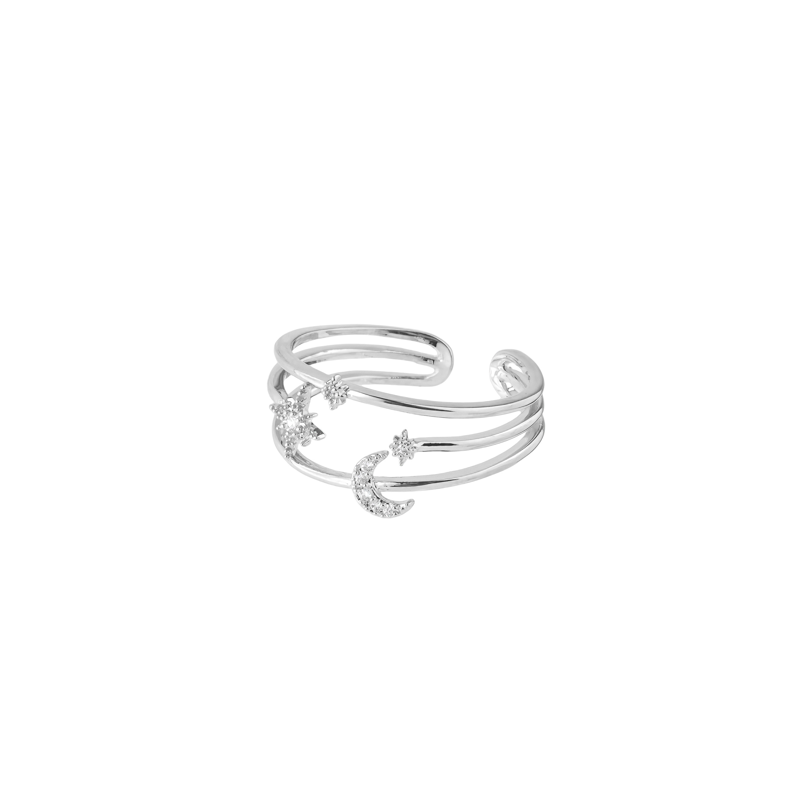 Silver ring with moon and star