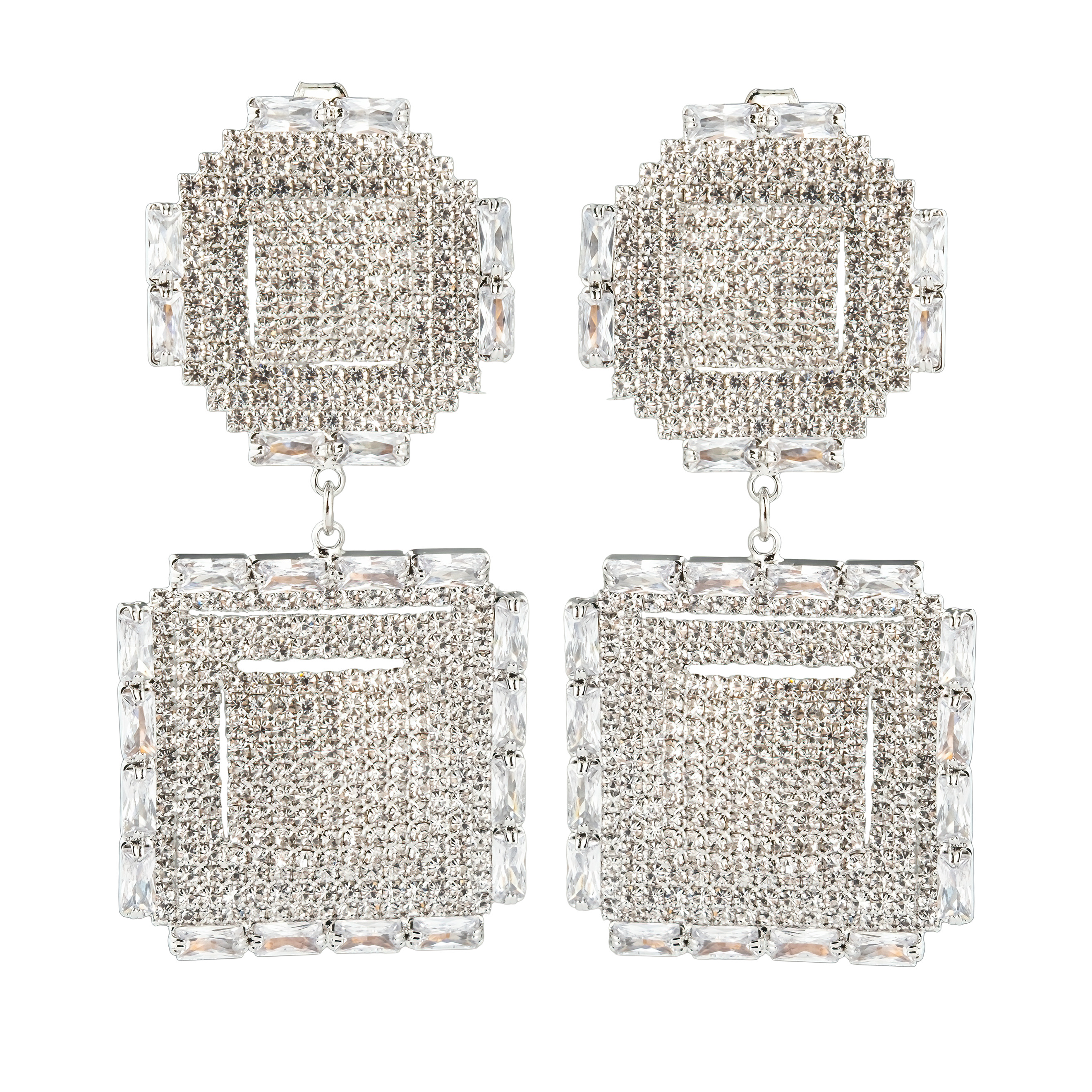 Double silver earrings completely covered with crystals