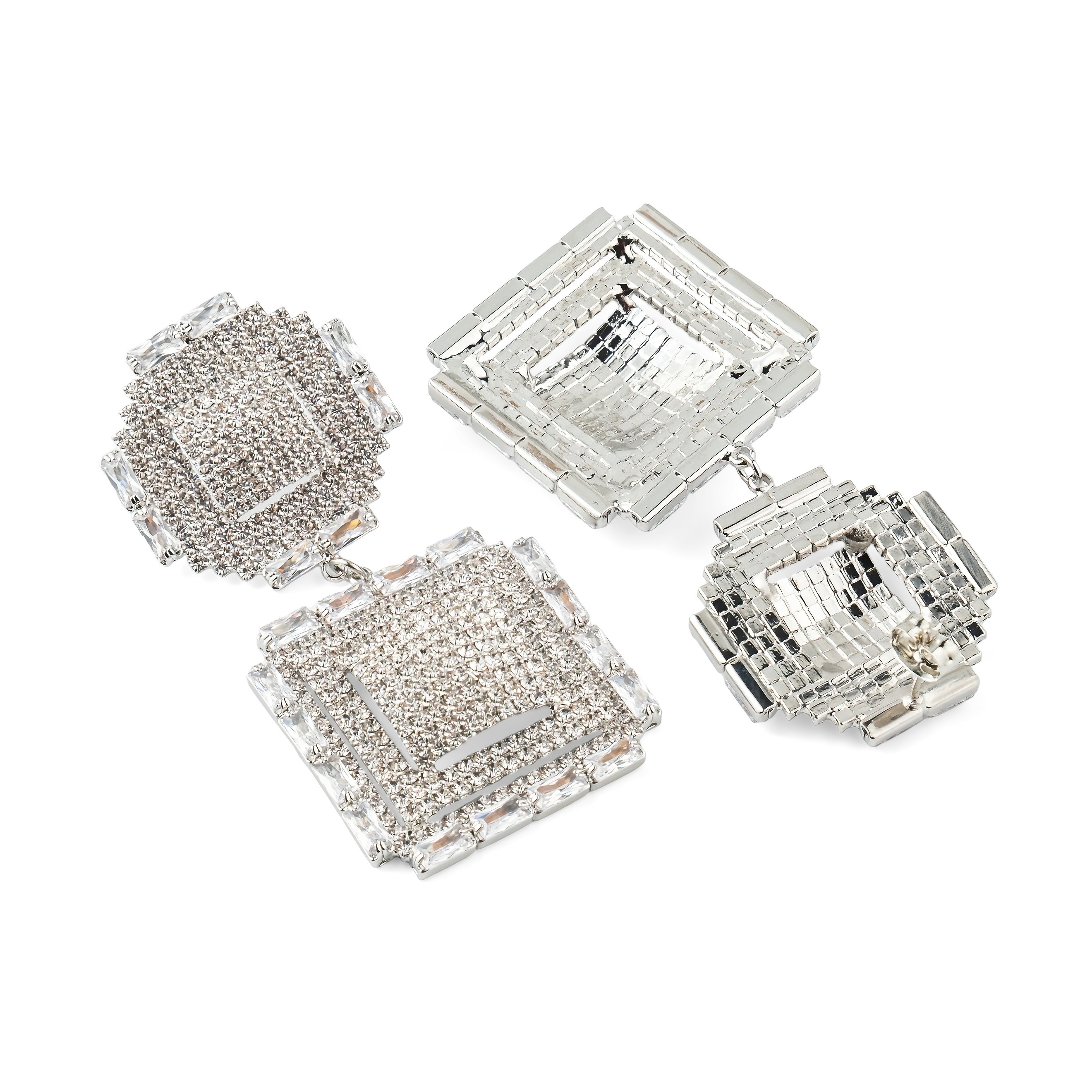 Double silver earrings completely covered with crystals