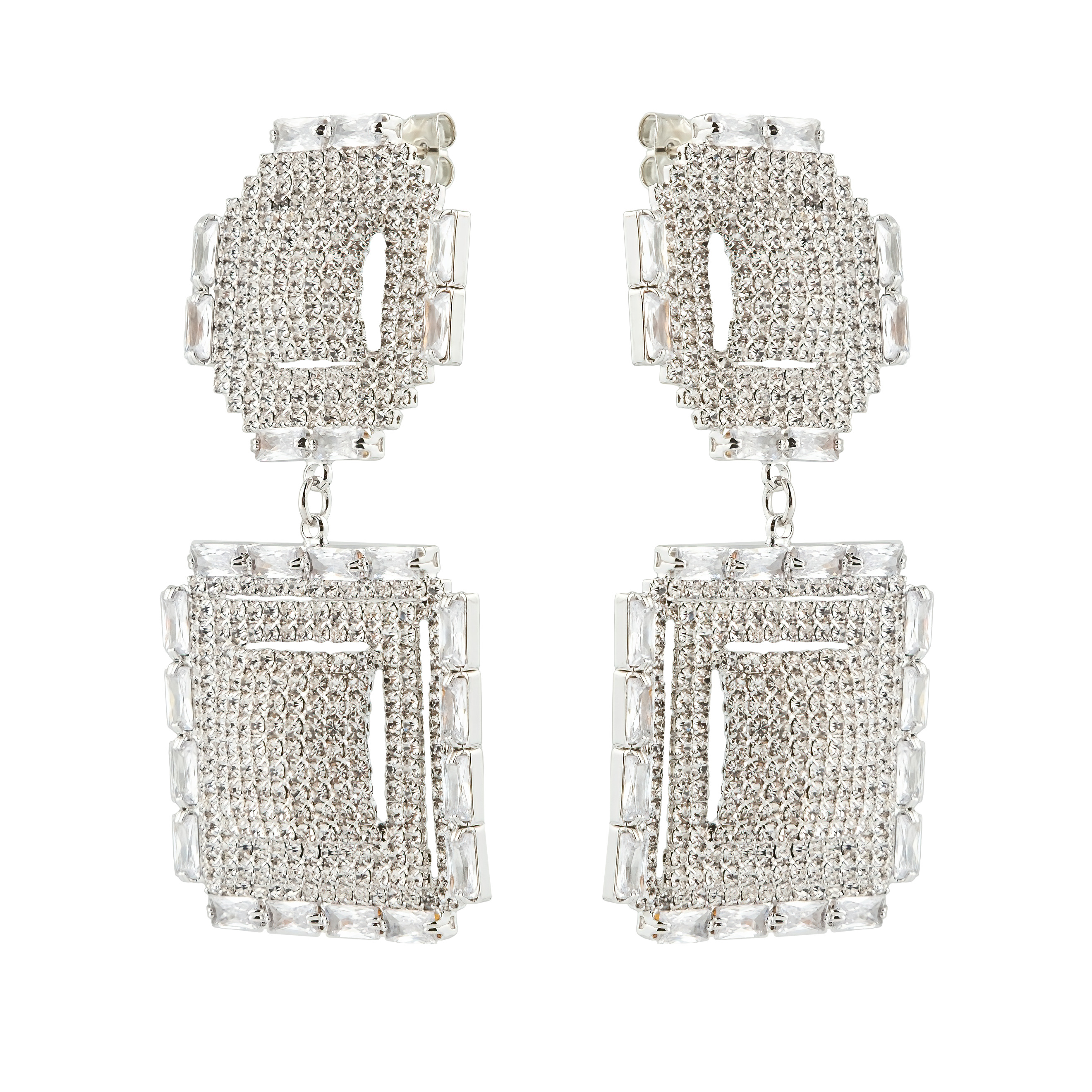 Double silver earrings completely covered with crystals
