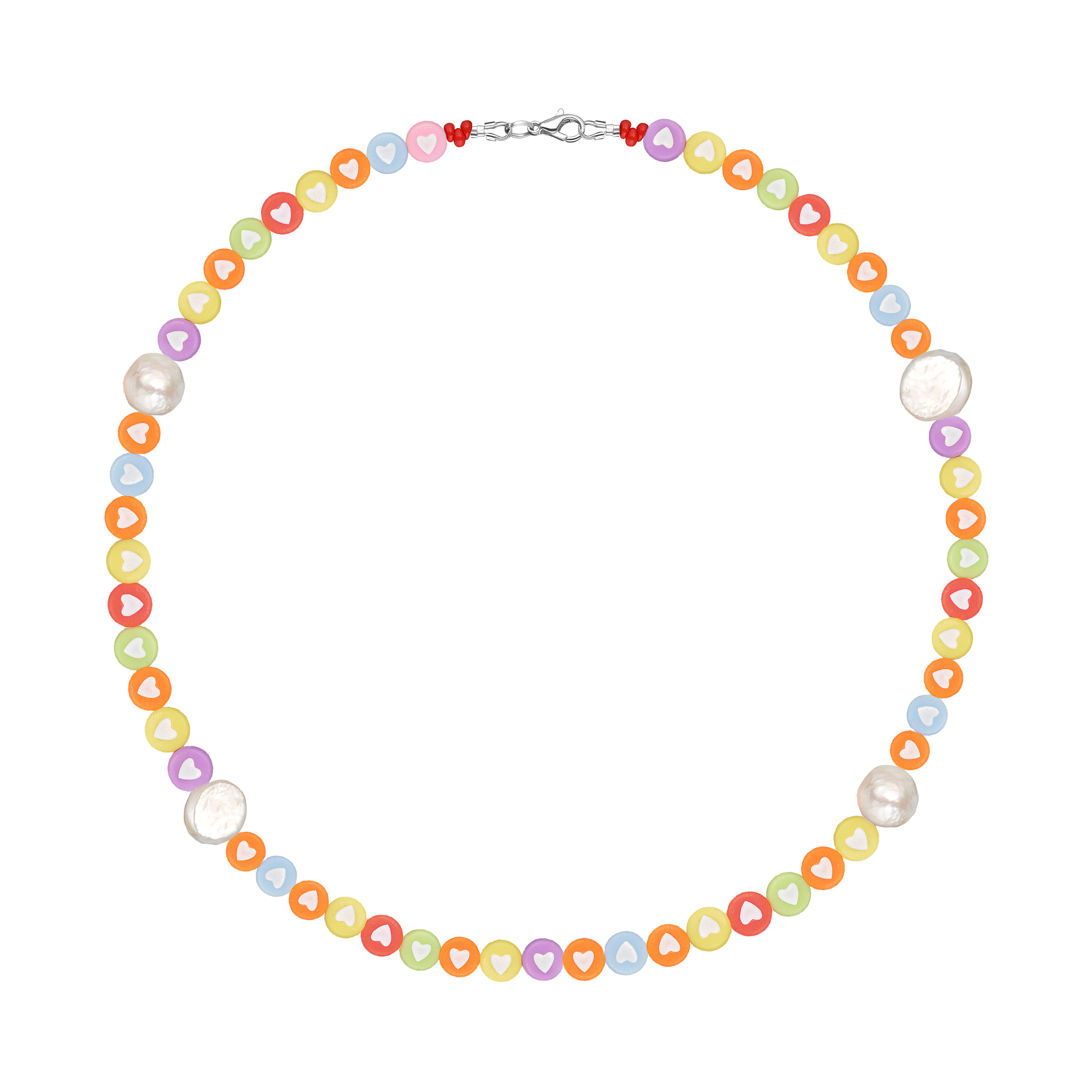 Necklace made of multicolored hearts and large pearls