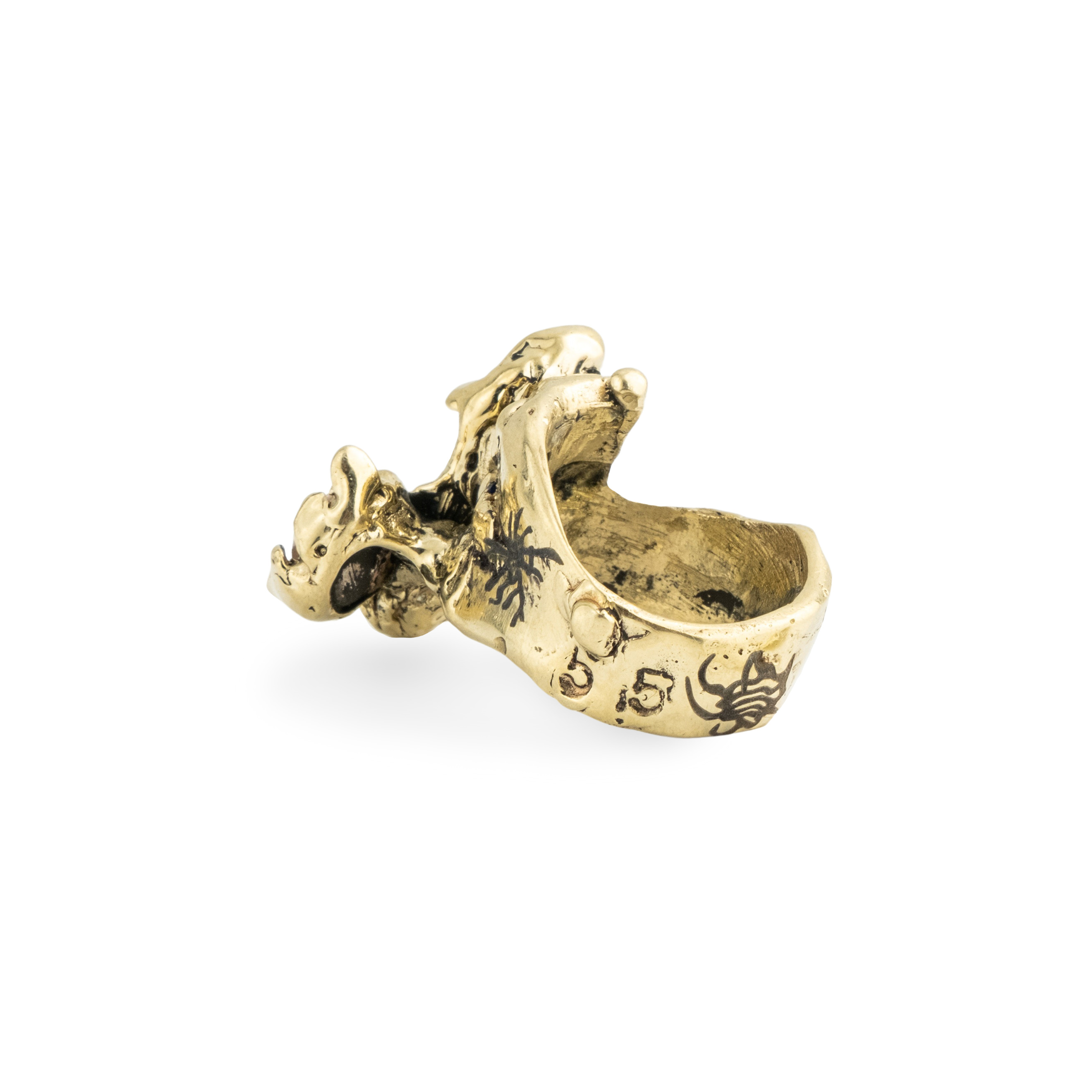 Brass ring with inserts: sunstone, quartz and two cubic zirconia