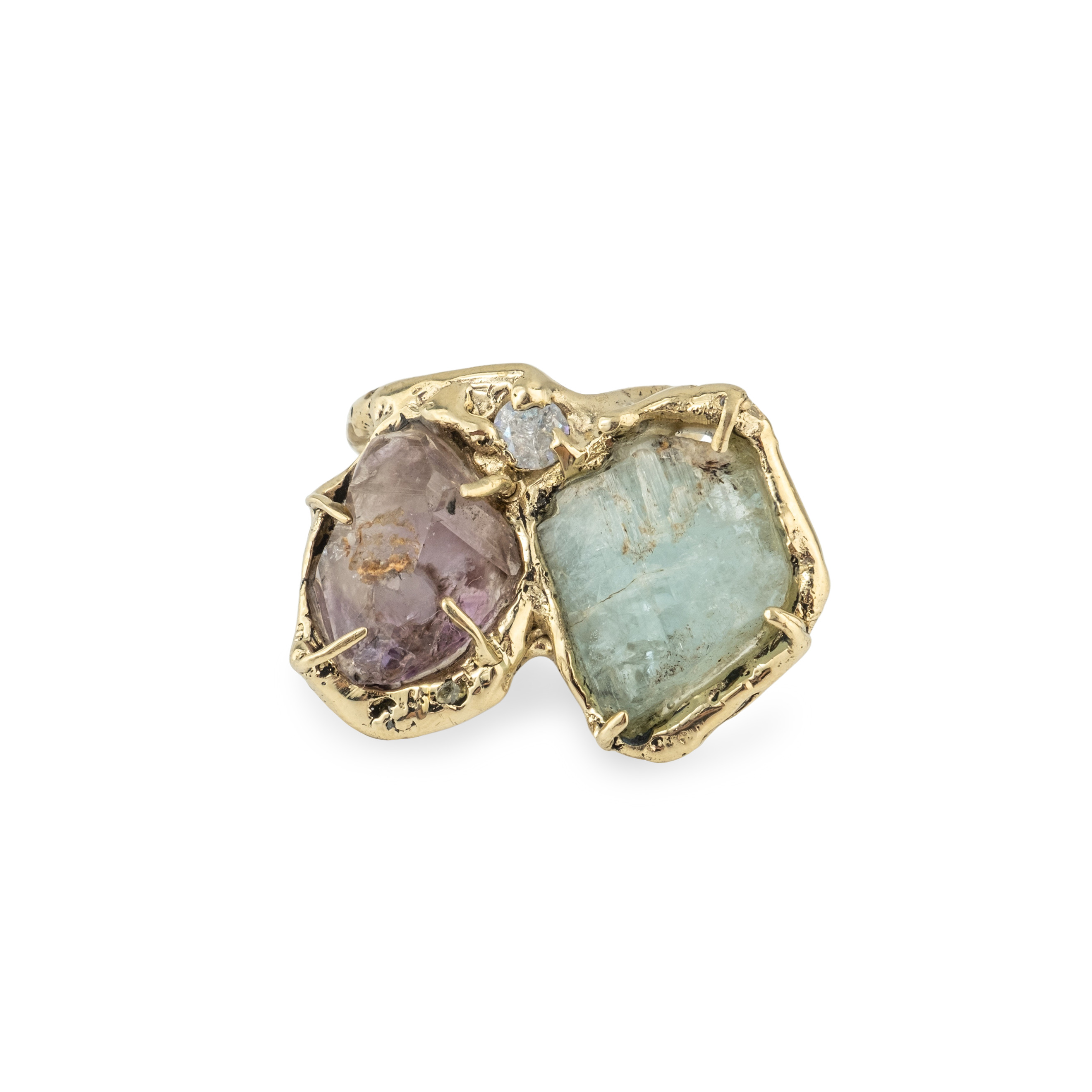 Brass ring with inserts: topaz, amethyst and cubic zirconia