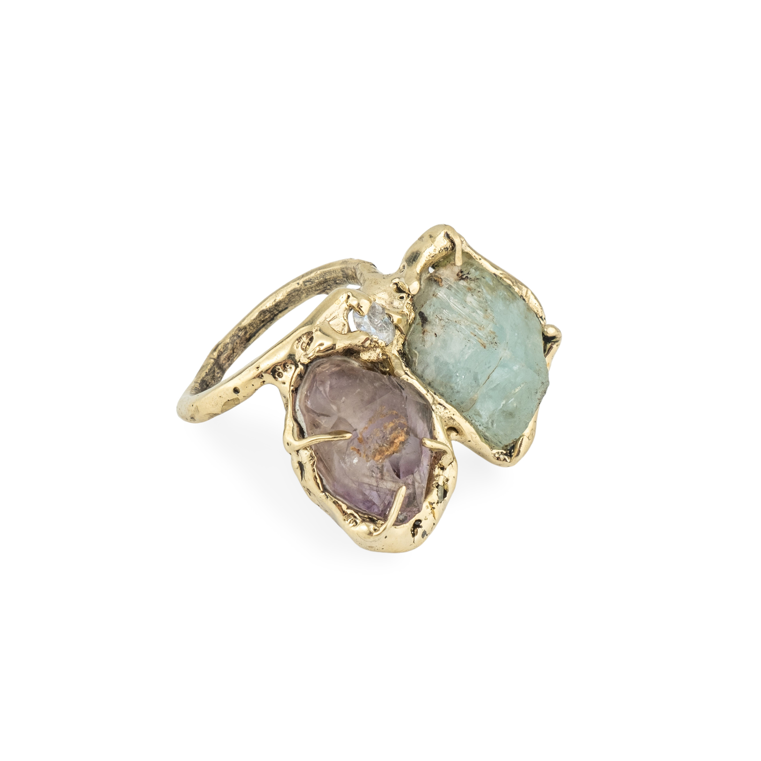 Brass ring with inserts: topaz, amethyst and cubic zirconia