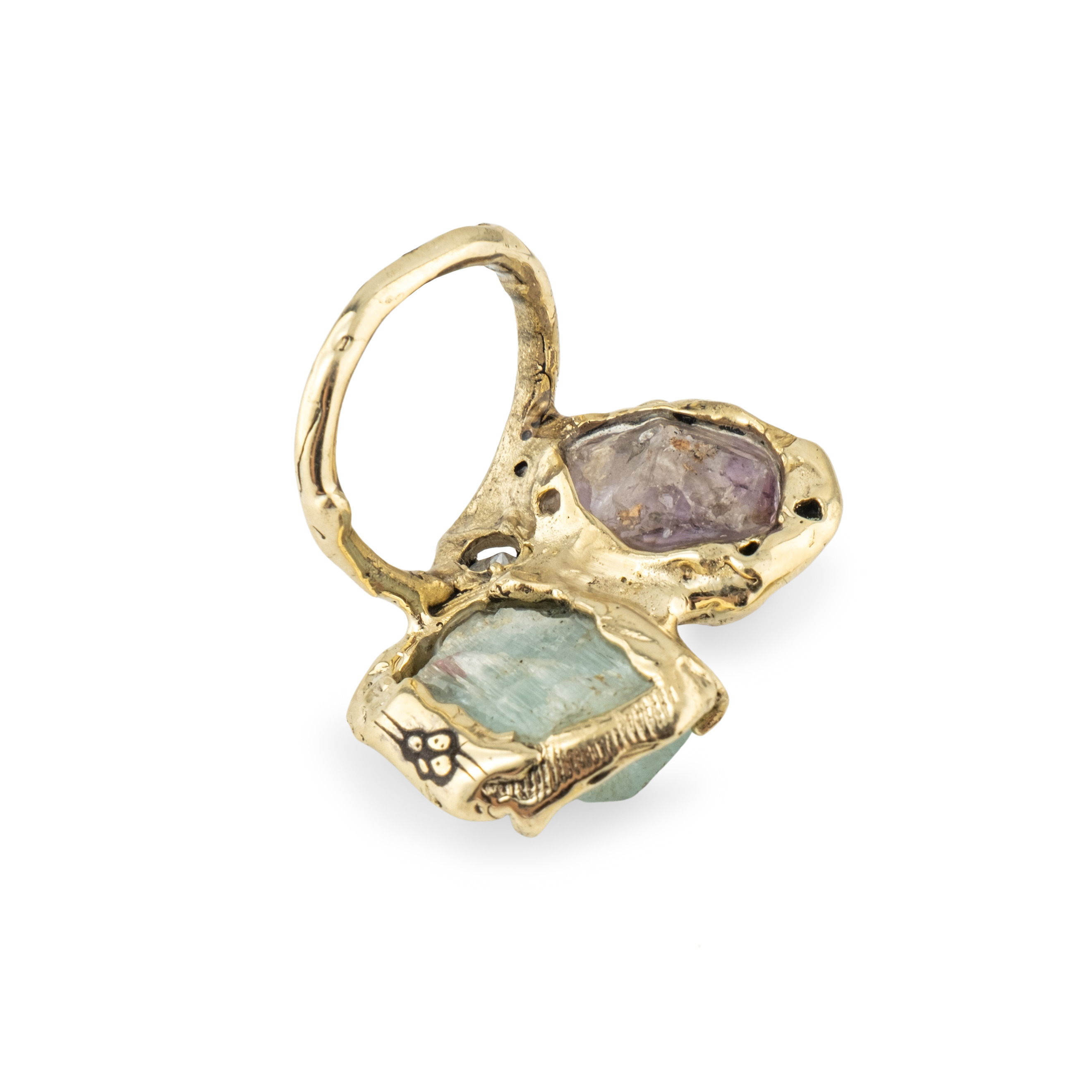 Brass ring with inserts: topaz, amethyst and cubic zirconia