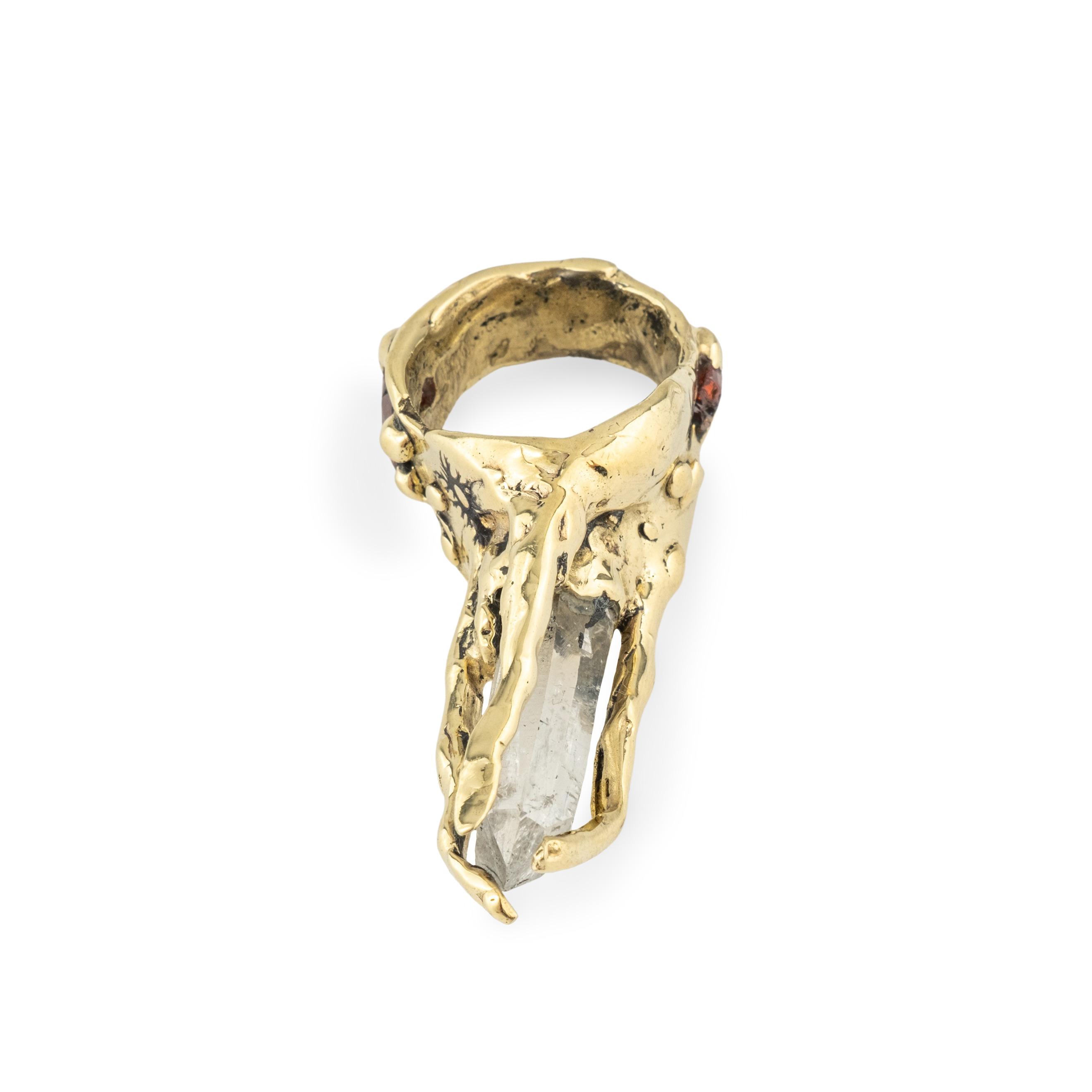 Brass ring with inserts: rhinestone and two cubic zirconia