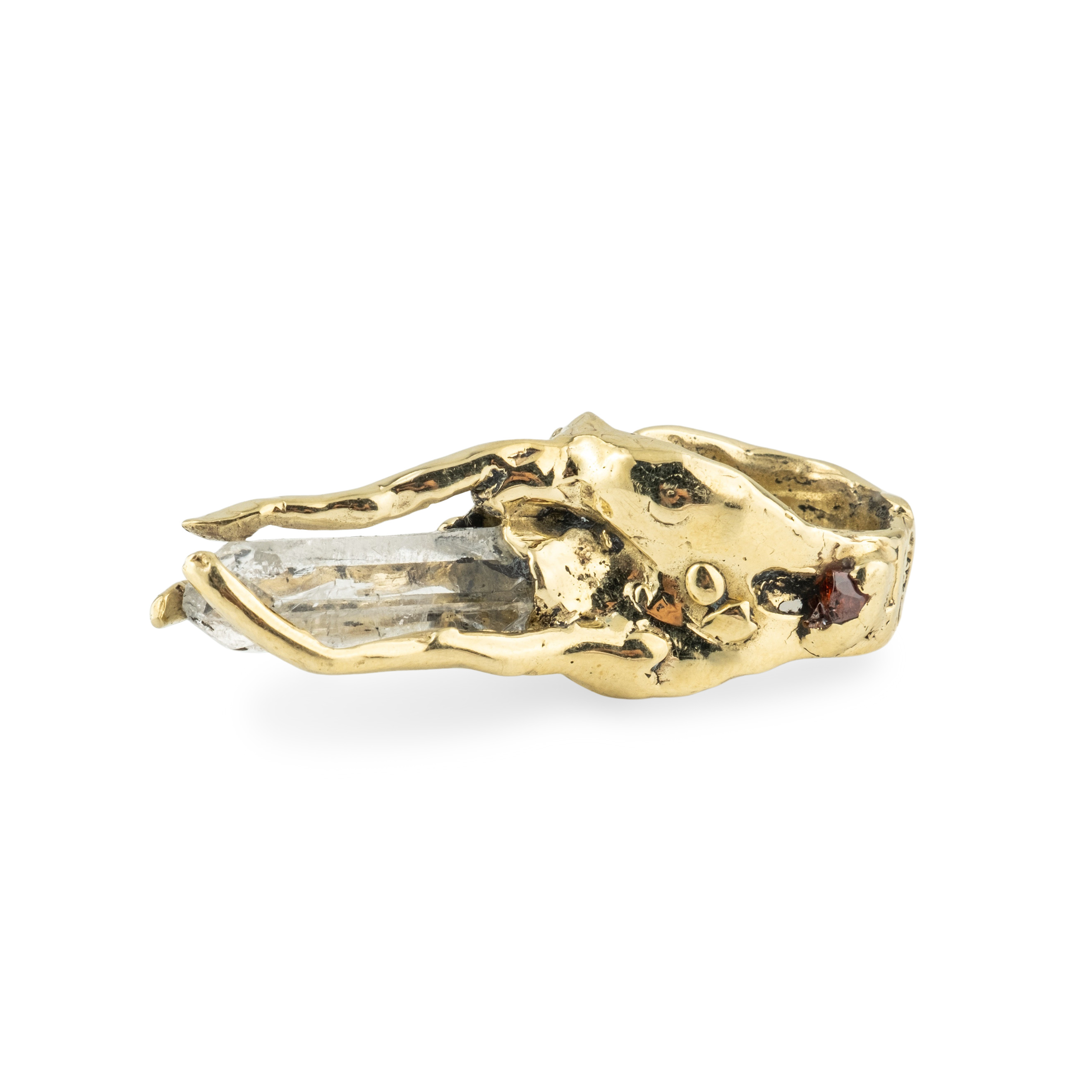 Brass ring with inserts: rhinestone and two cubic zirconia
