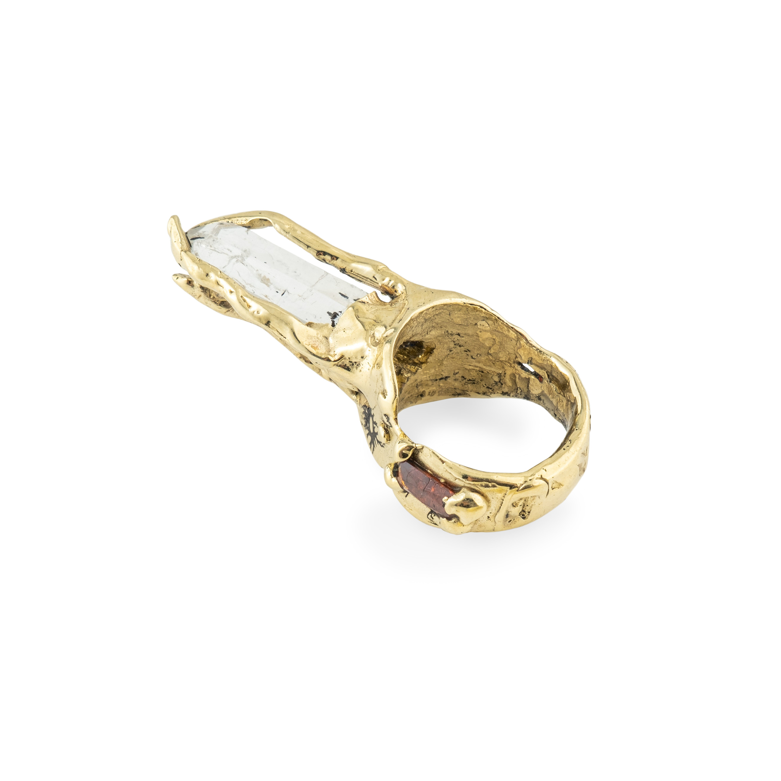 Brass ring with inserts: rhinestone and two cubic zirconia
