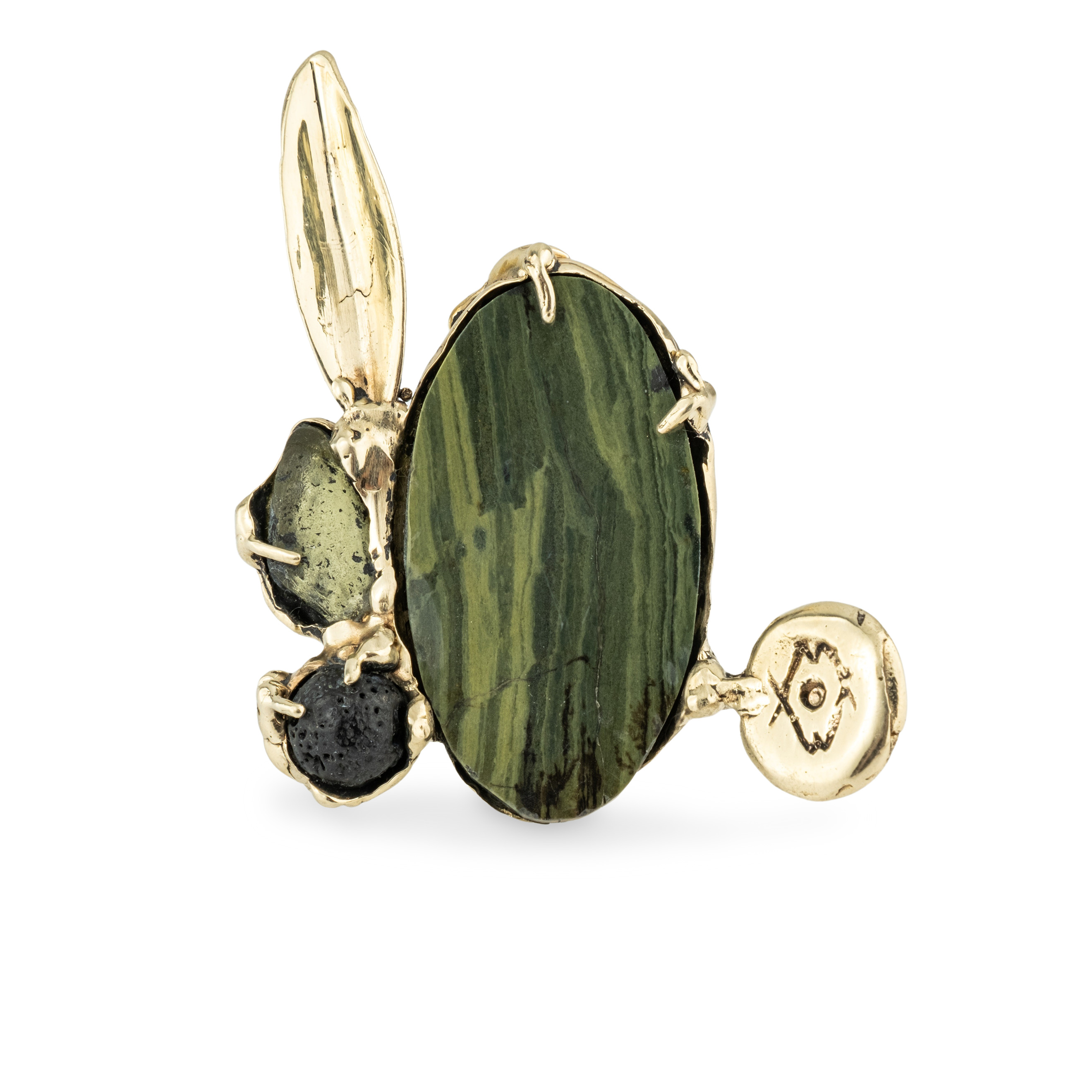 Brass ring with inserts: jasper and volcanic glass