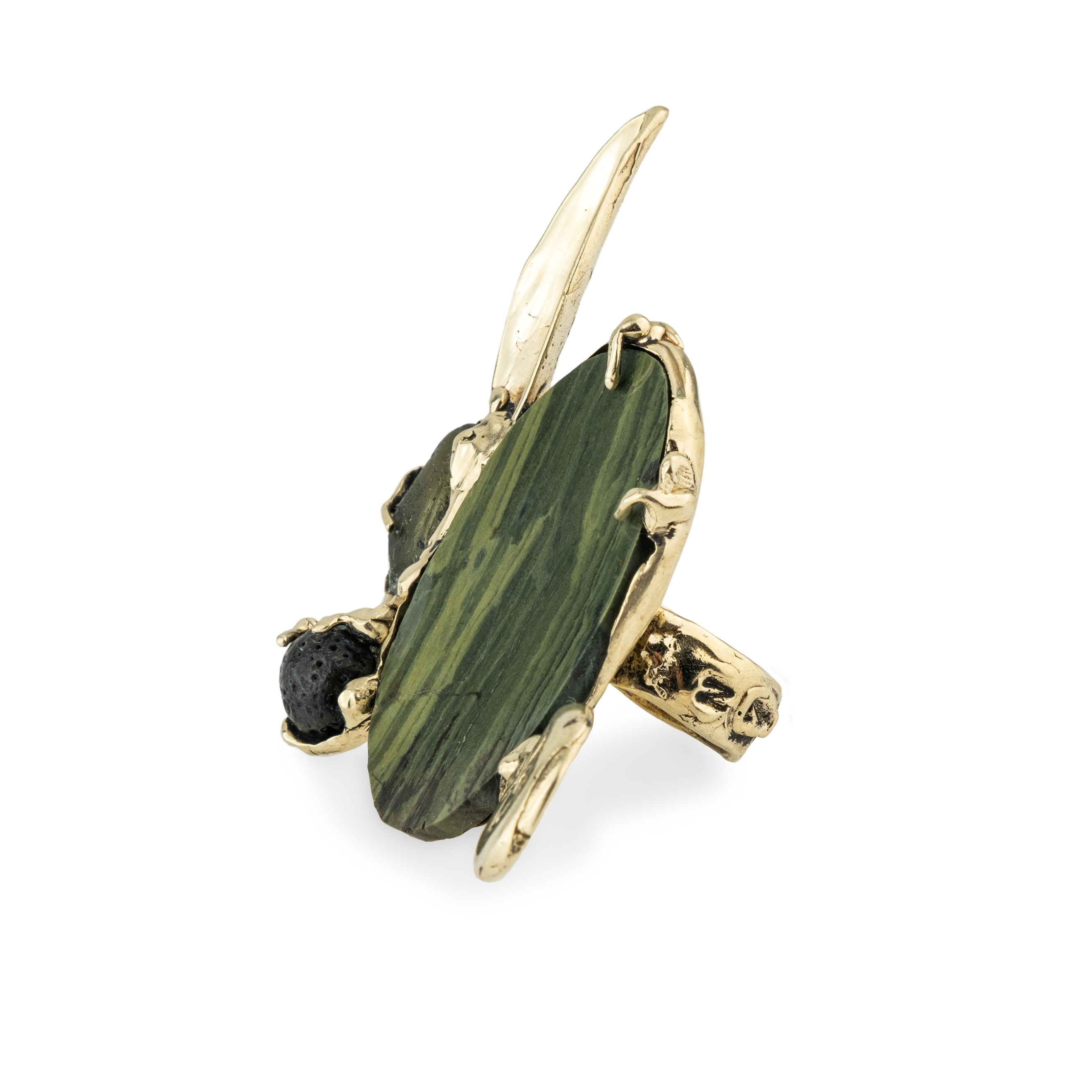 Brass ring with inserts: jasper and volcanic glass
