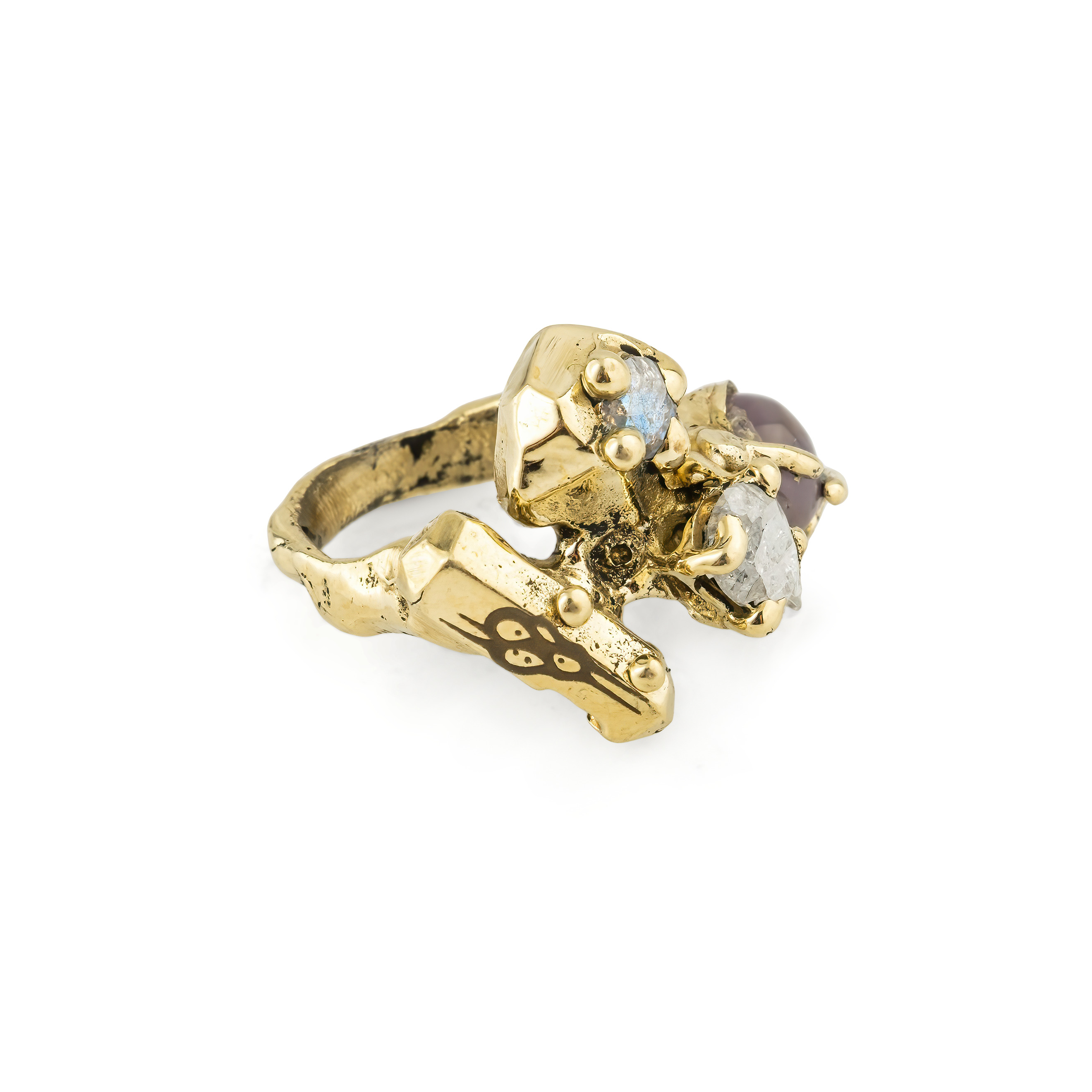 Brass ring with inserts: amethyst and two cubic zirconia