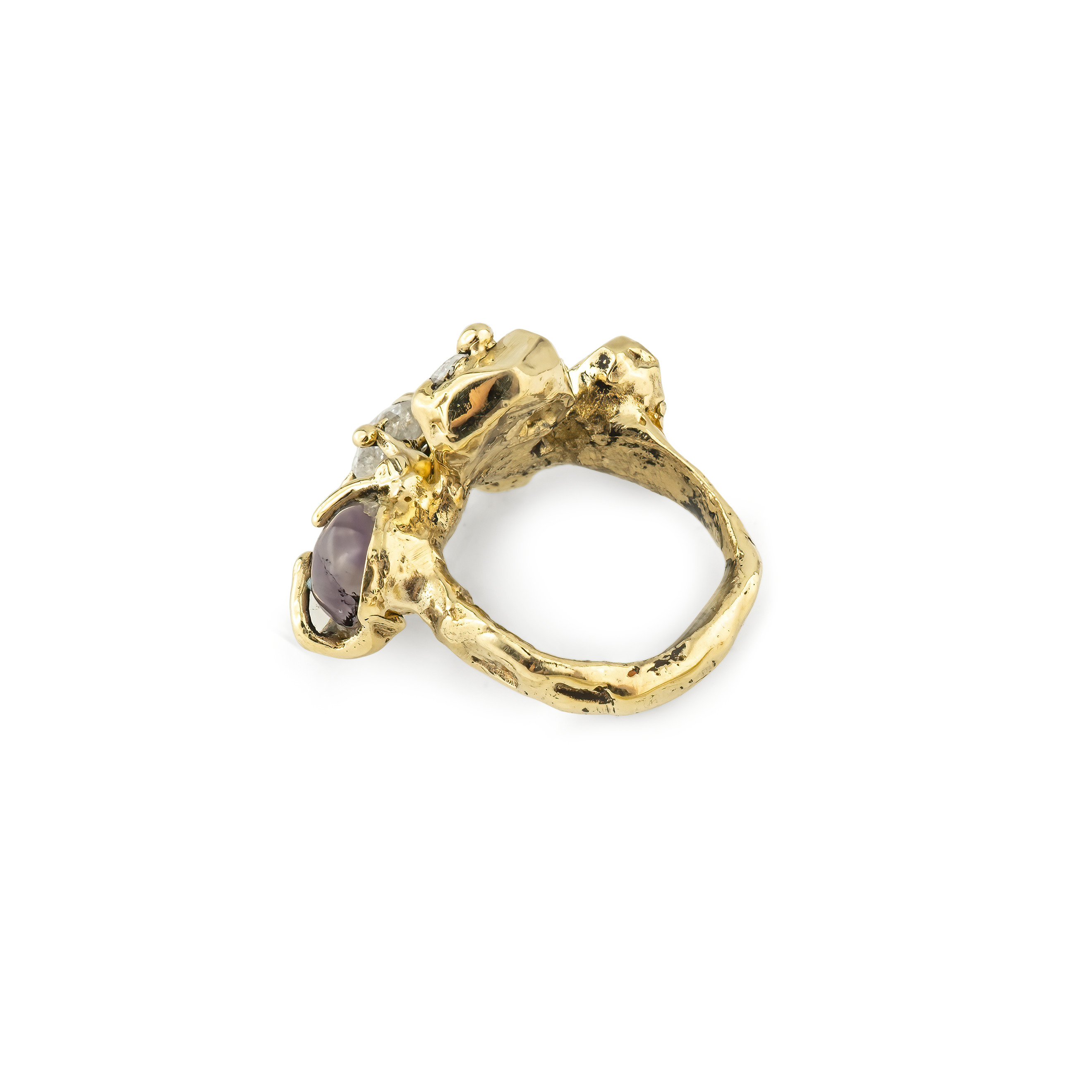 Brass ring with inserts: amethyst and two cubic zirconia