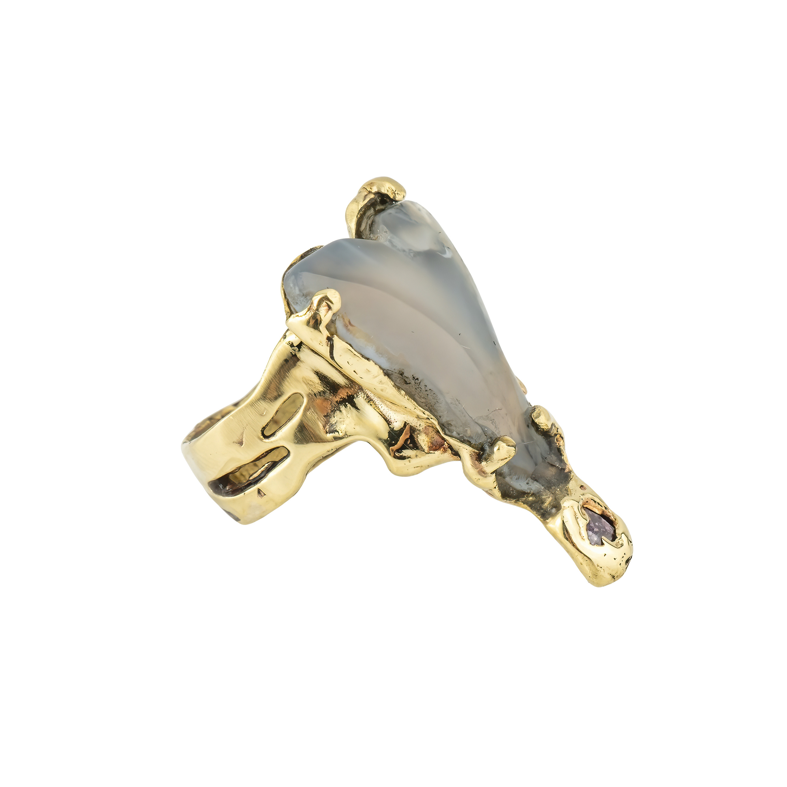Brass ring with agate and cubic zirconia