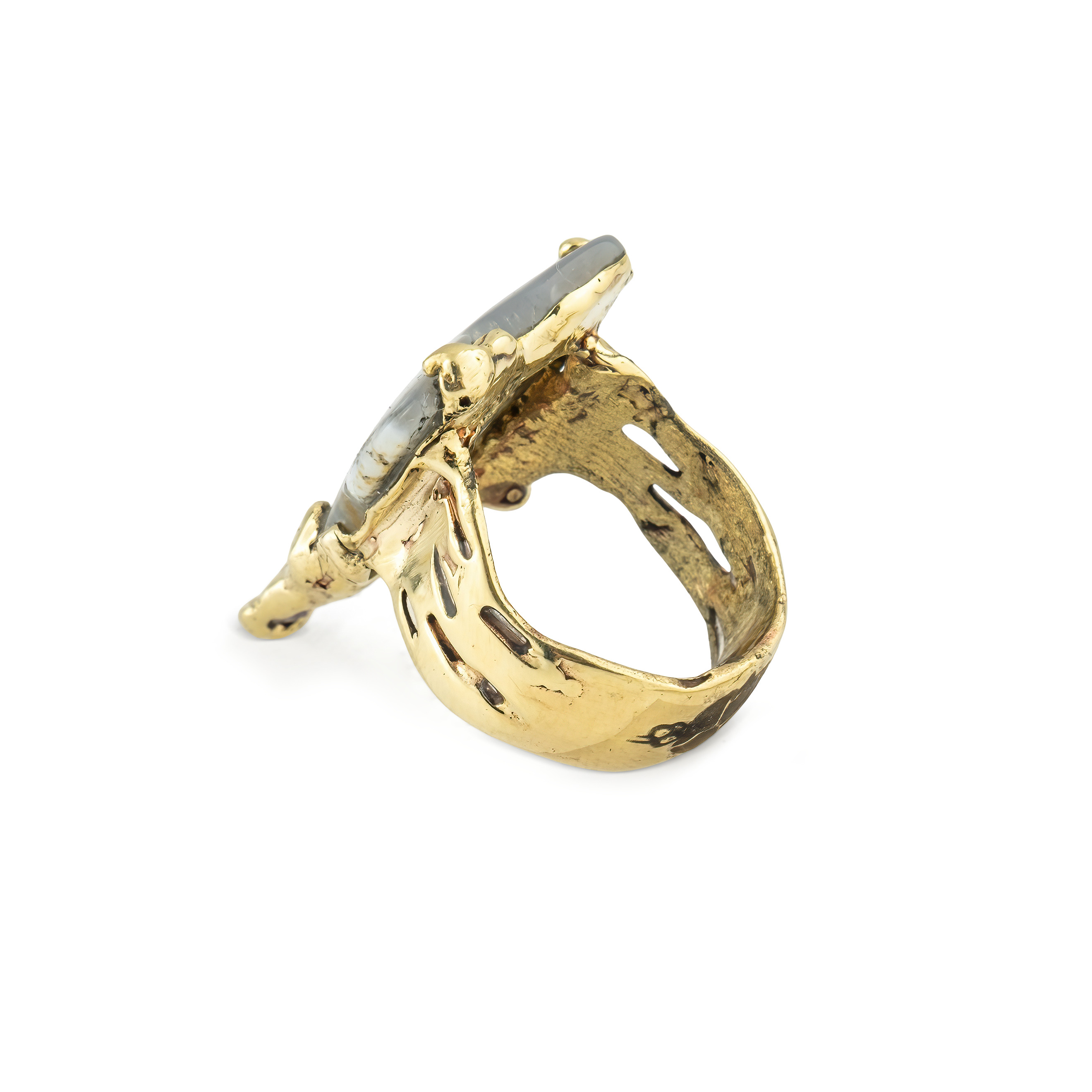 Brass ring with agate and cubic zirconia