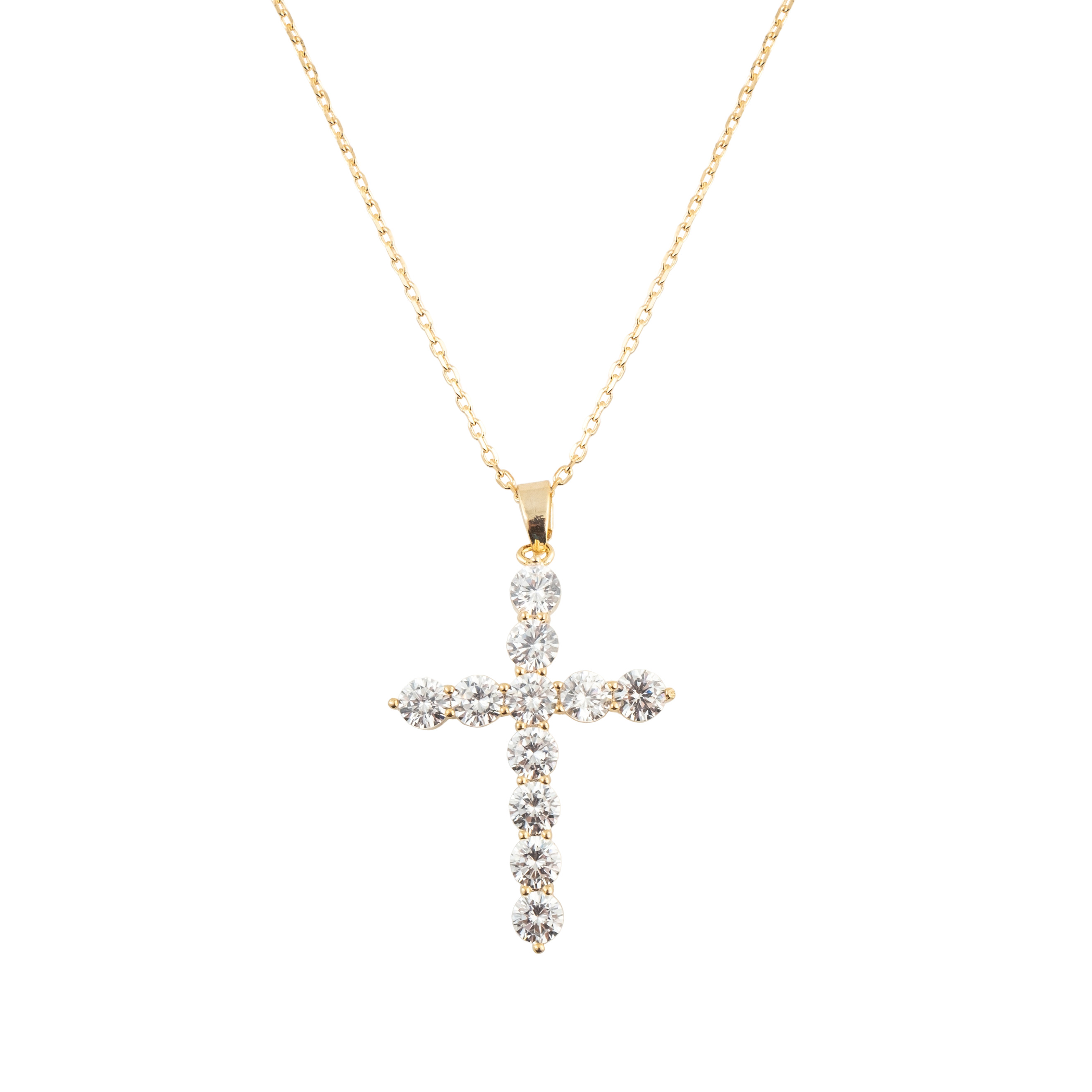 A large gold chain with a crystal cross