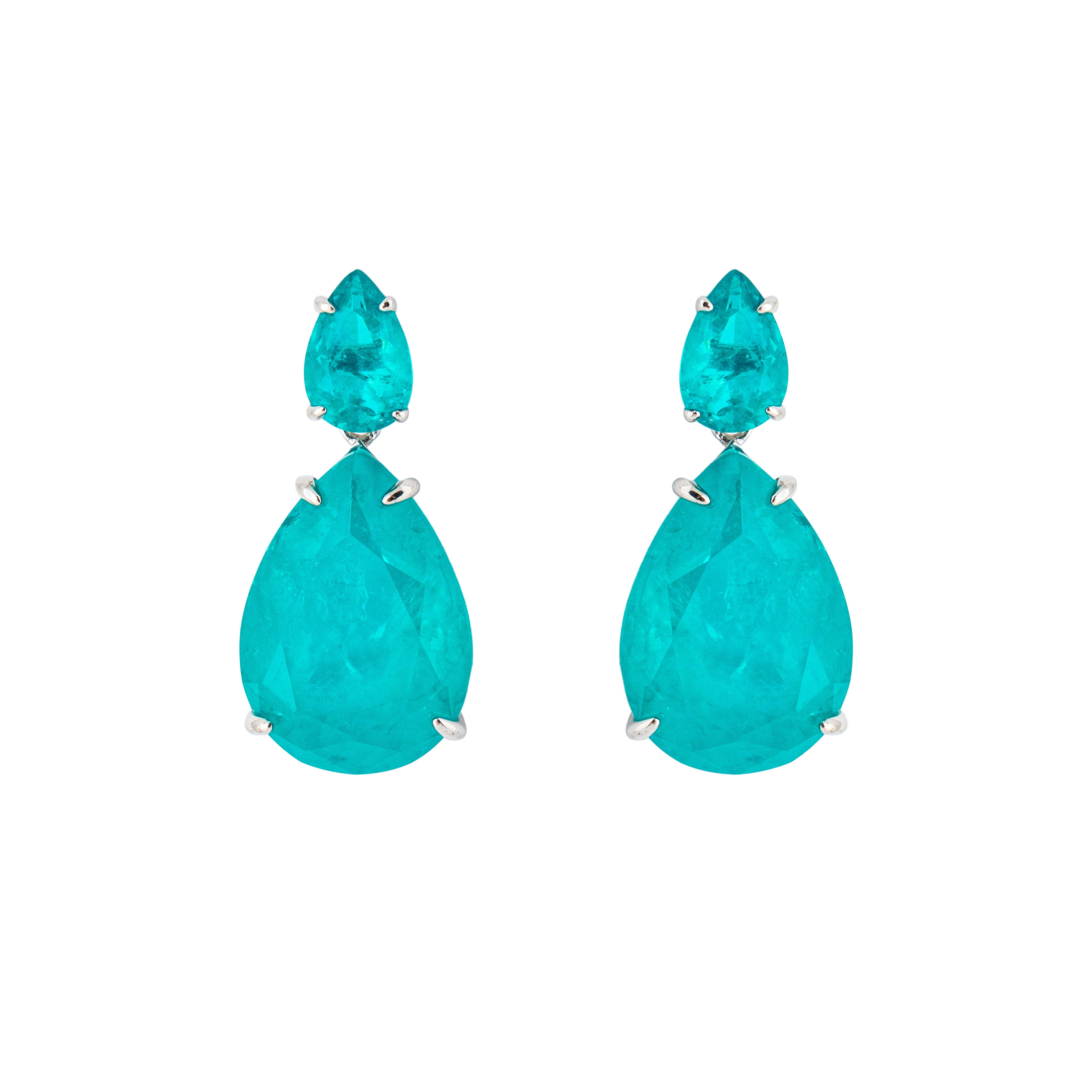 Double Silver Pear Earrings with Turquoise Crystals