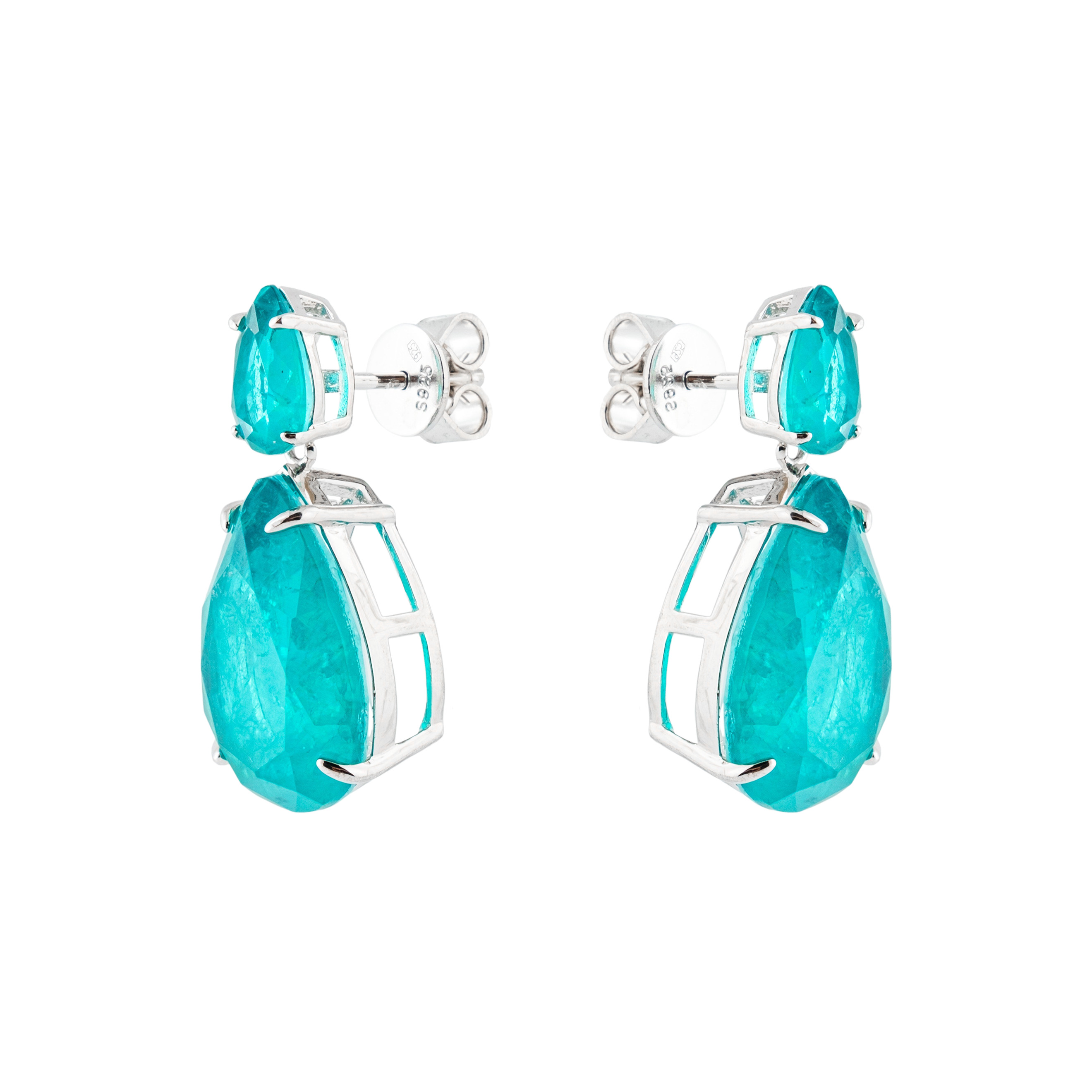 Double Silver Pear Earrings with Turquoise Crystals