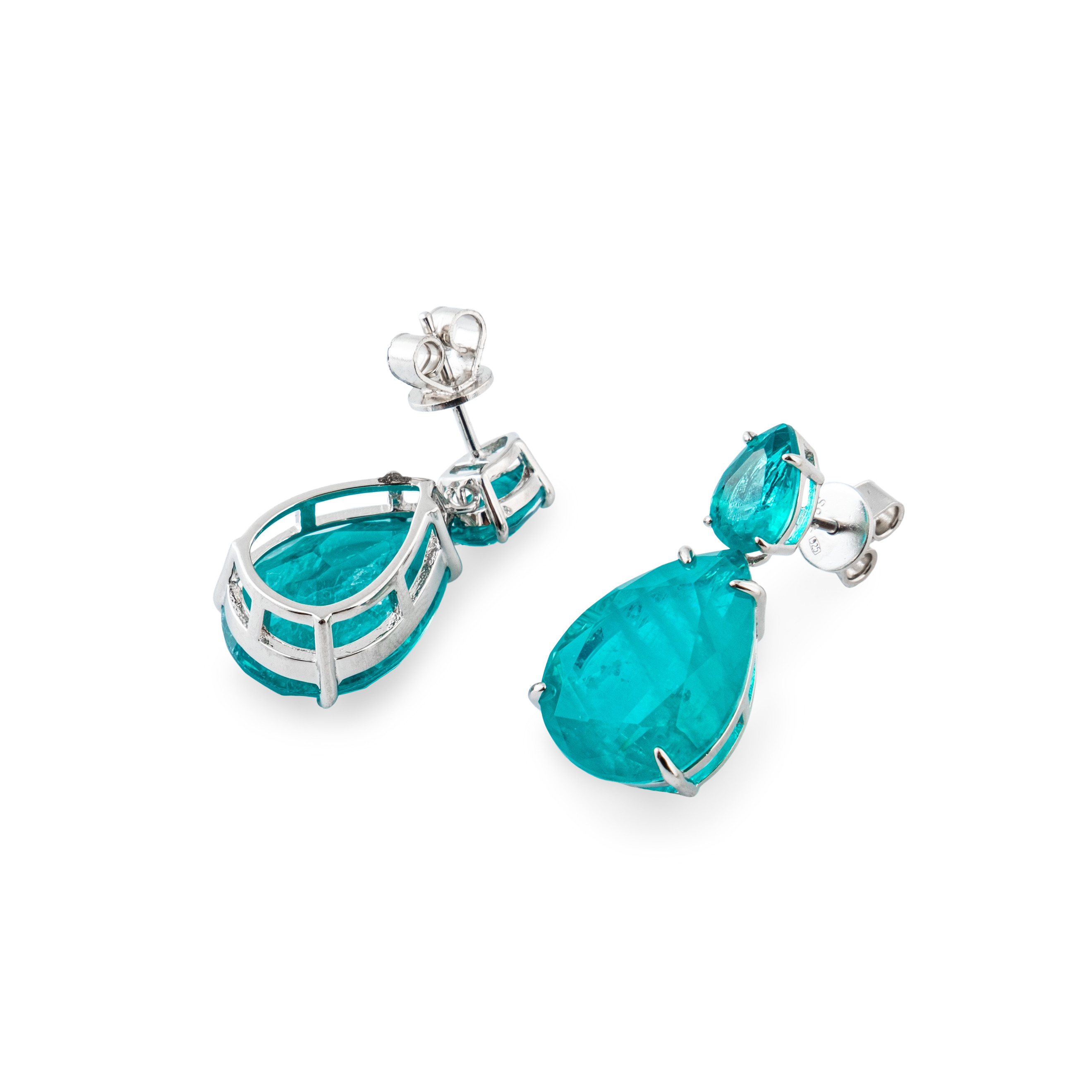 Double Silver Pear Earrings with Turquoise Crystals