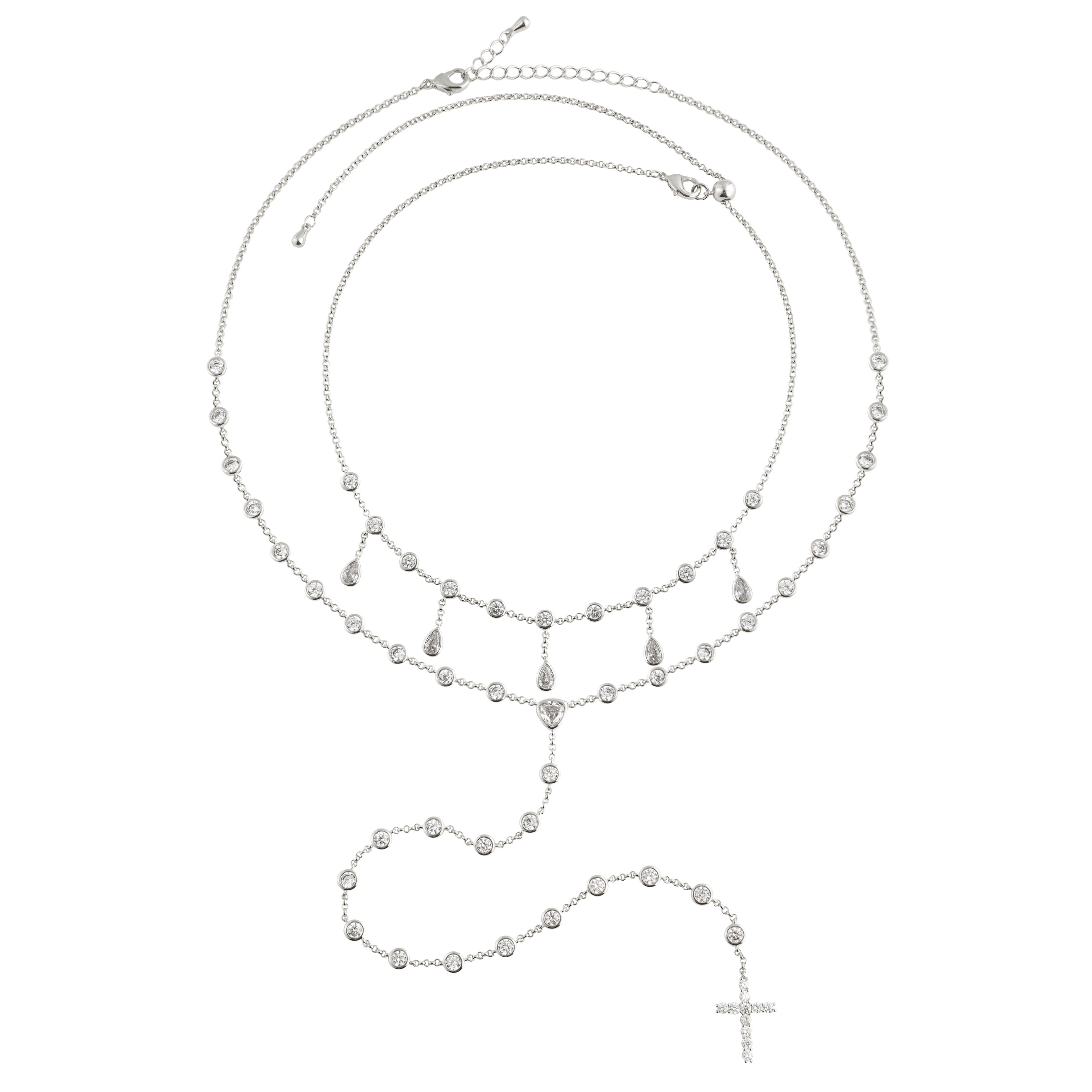 Silvery long necklace with a cross completely covered with crystals