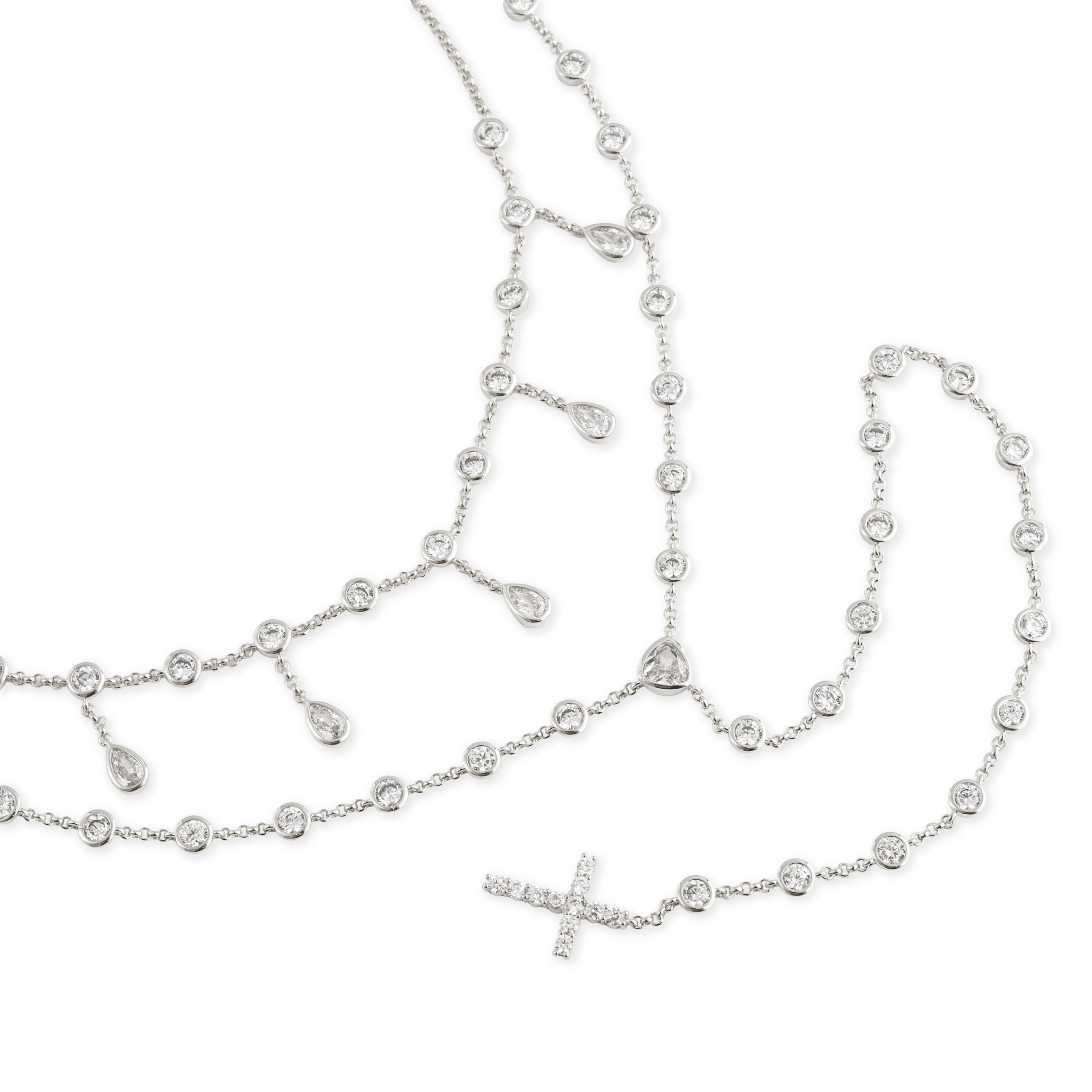 Silvery long necklace with a cross completely covered with crystals