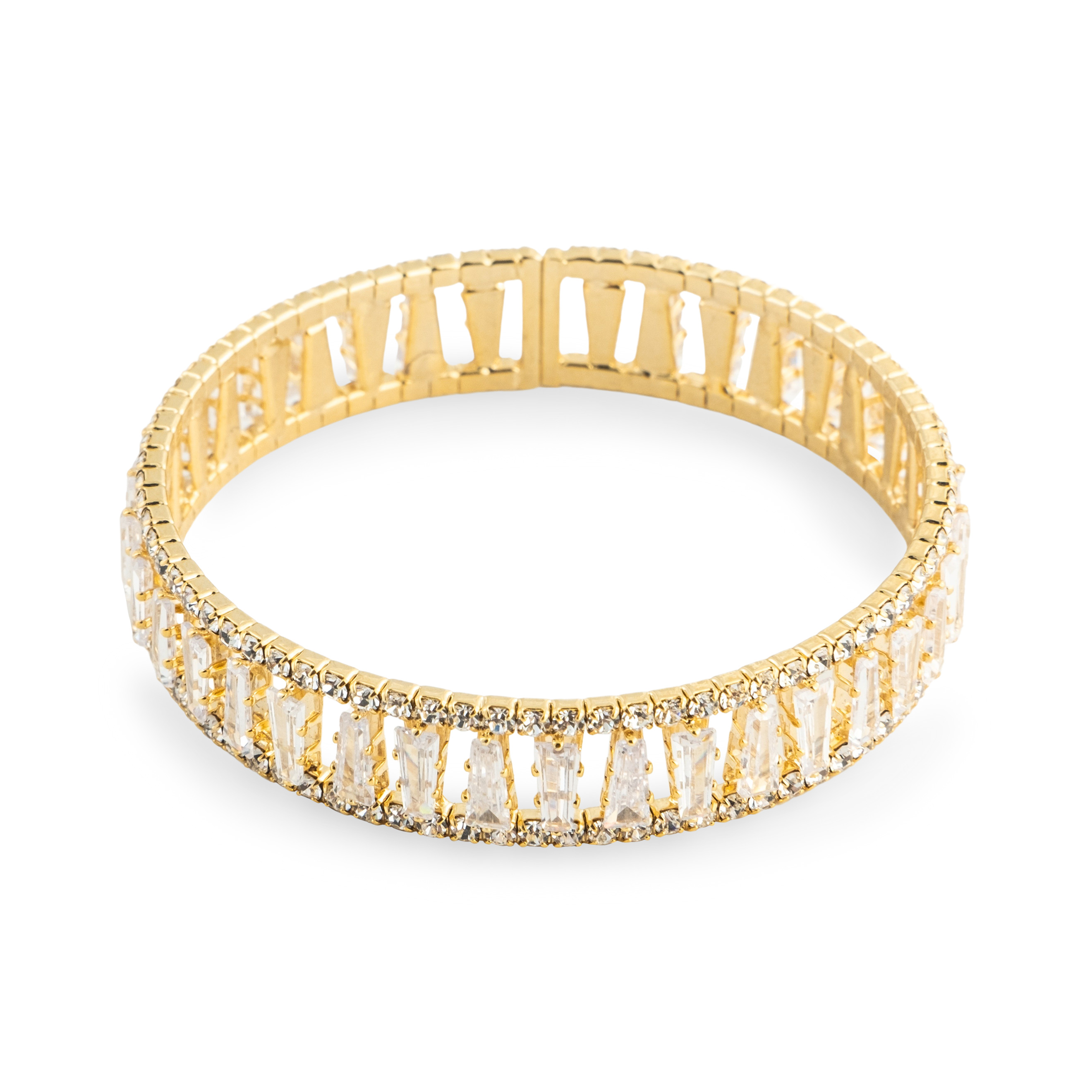 Golden open bracelet with rectangular crystals