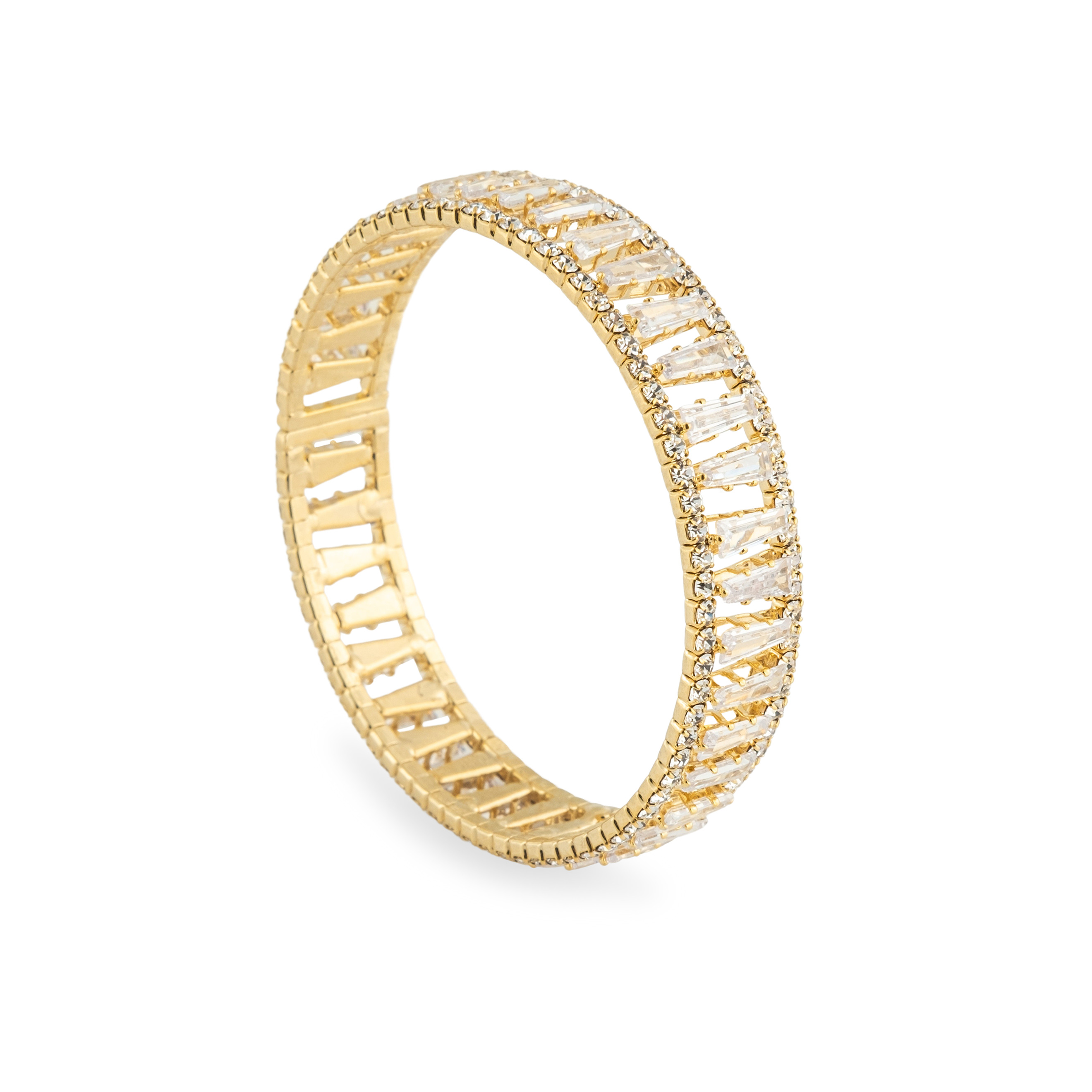 Golden open bracelet with rectangular crystals