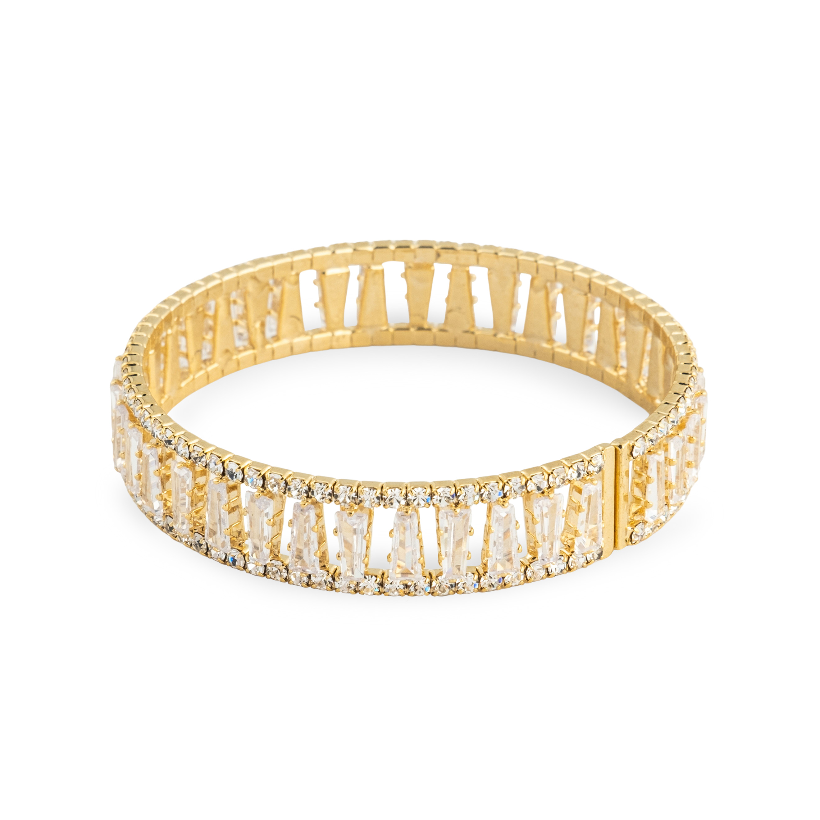 Golden open bracelet with rectangular crystals